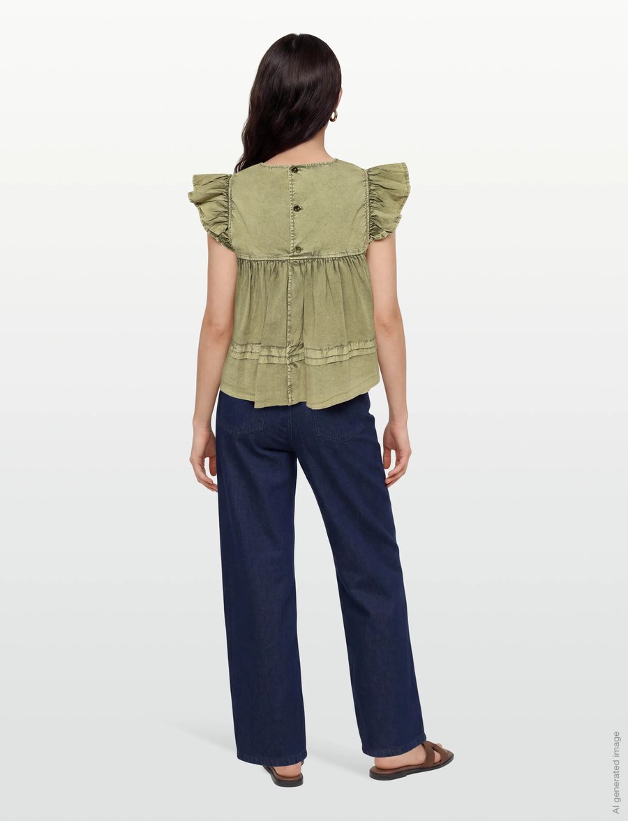 Ganni - Washed Stretch Cotton Frill Sleeve Top - t-särgid - green - 4