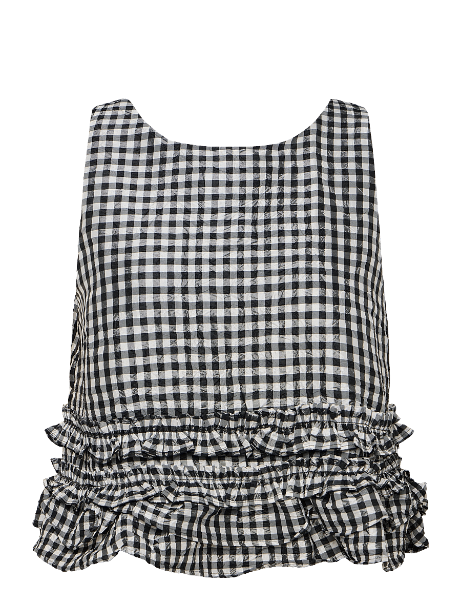 Ganni - Check Print Ruffled Top - sleeveless tops - black - 1