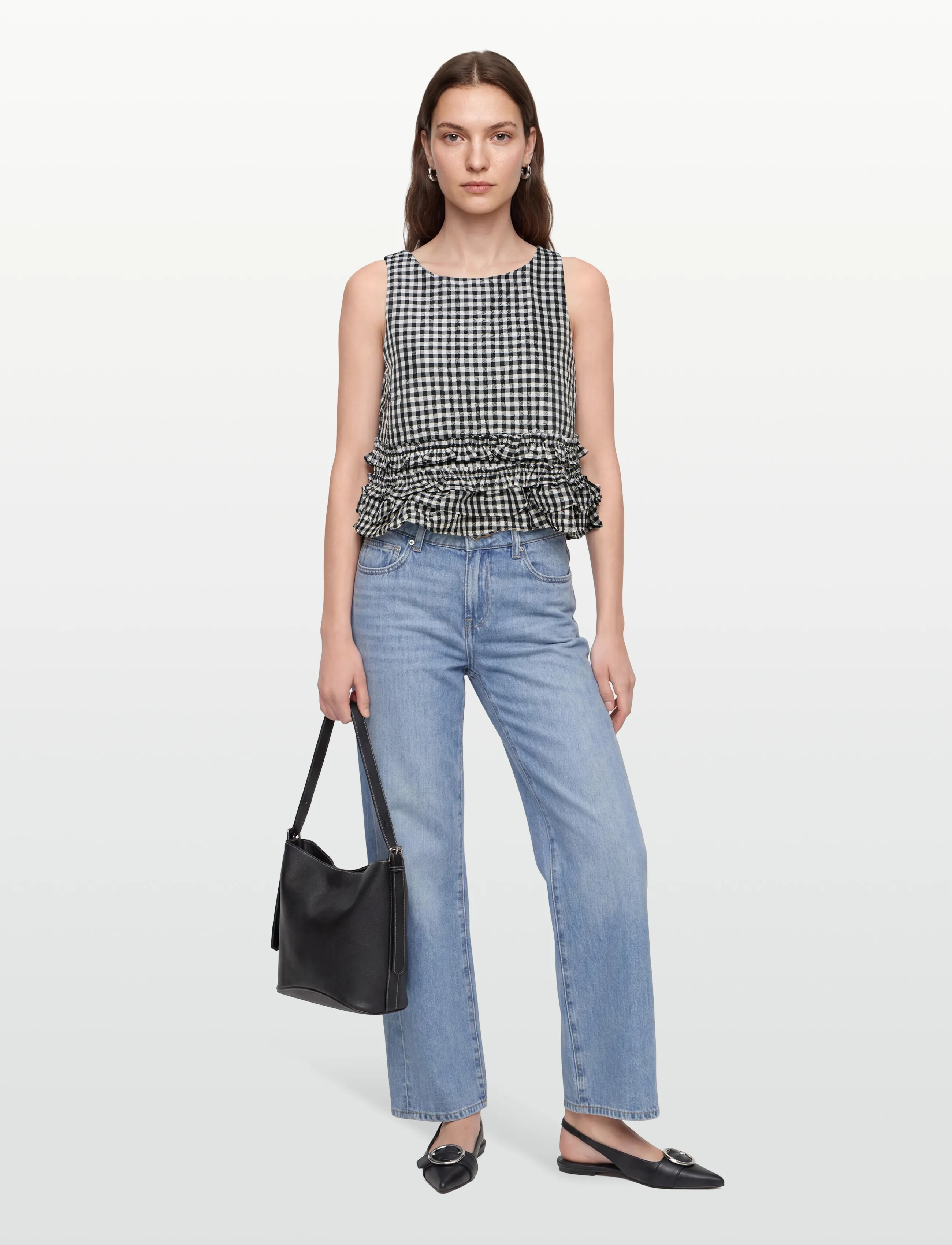 Ganni Check Print Ruffled Top, Kvinder, Ternet Flæse Top, Sort, Str: 40