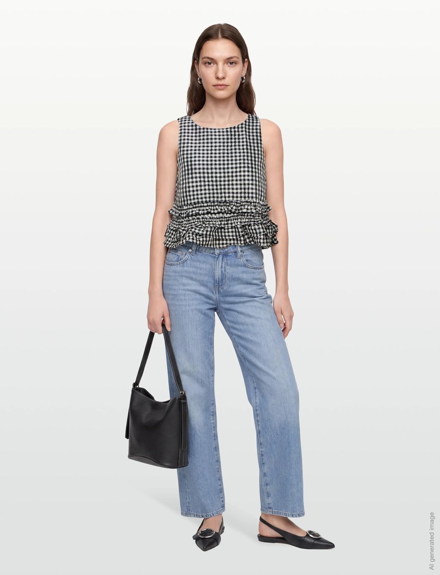 Ganni - Check Print Ruffled Top - sleeveless tops - black - 0