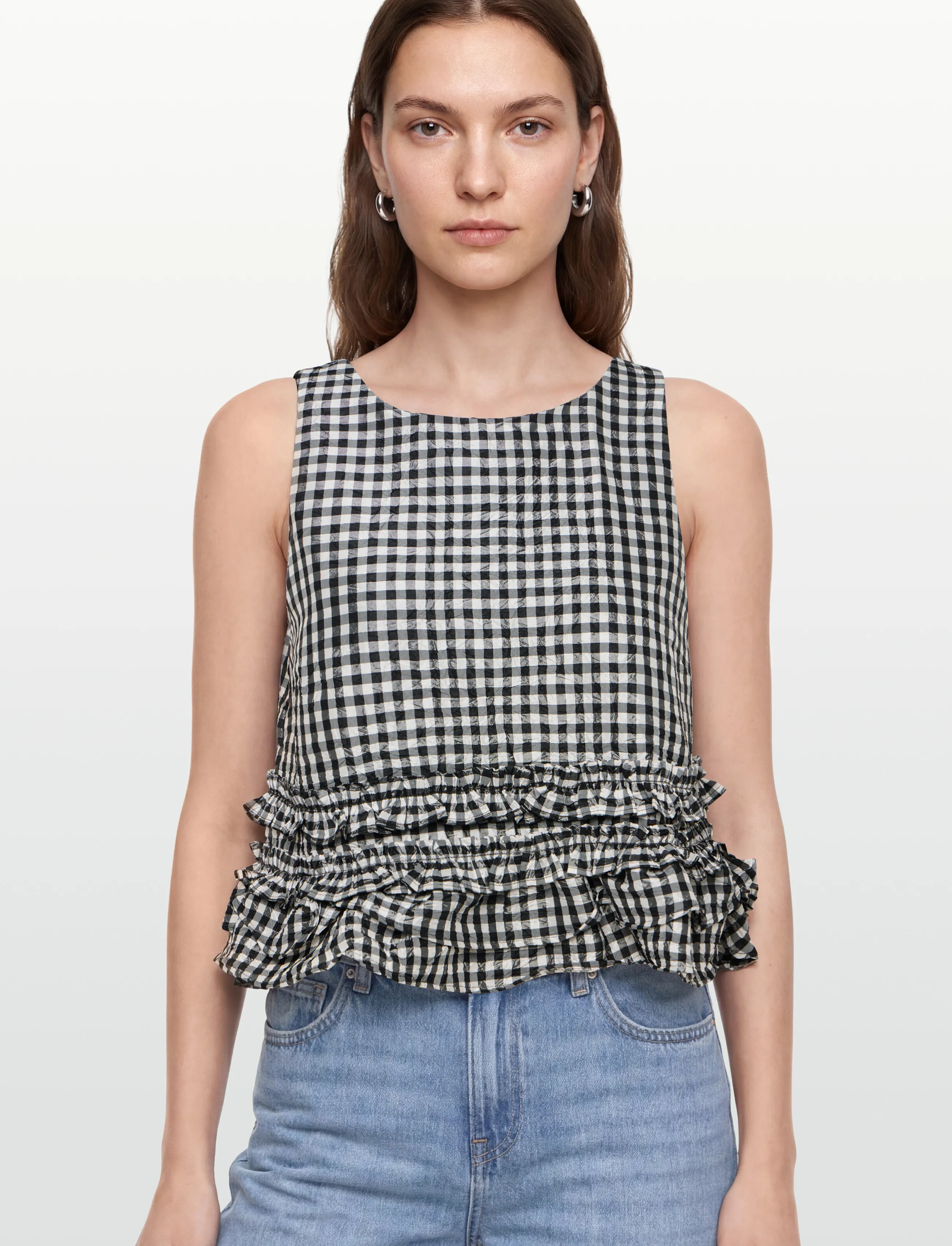 Ganni - Check Print Ruffled Top - black - 3