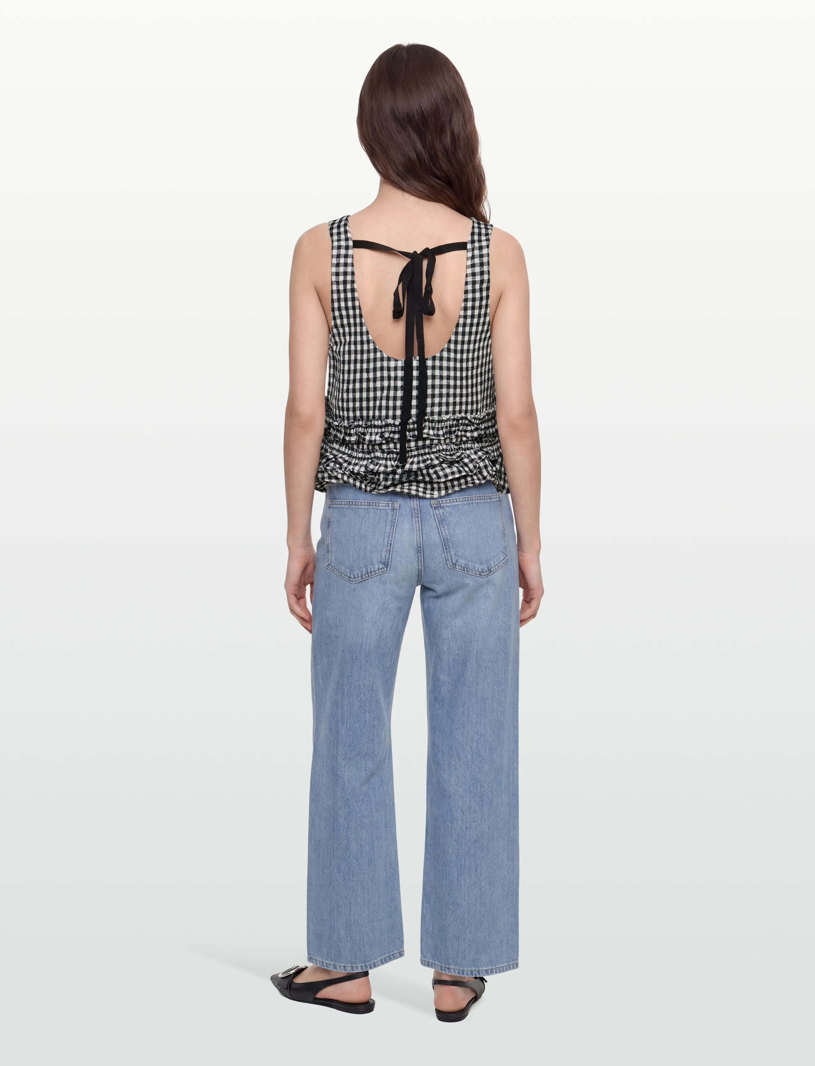 Ganni - Check Print Ruffled Top - black - 4