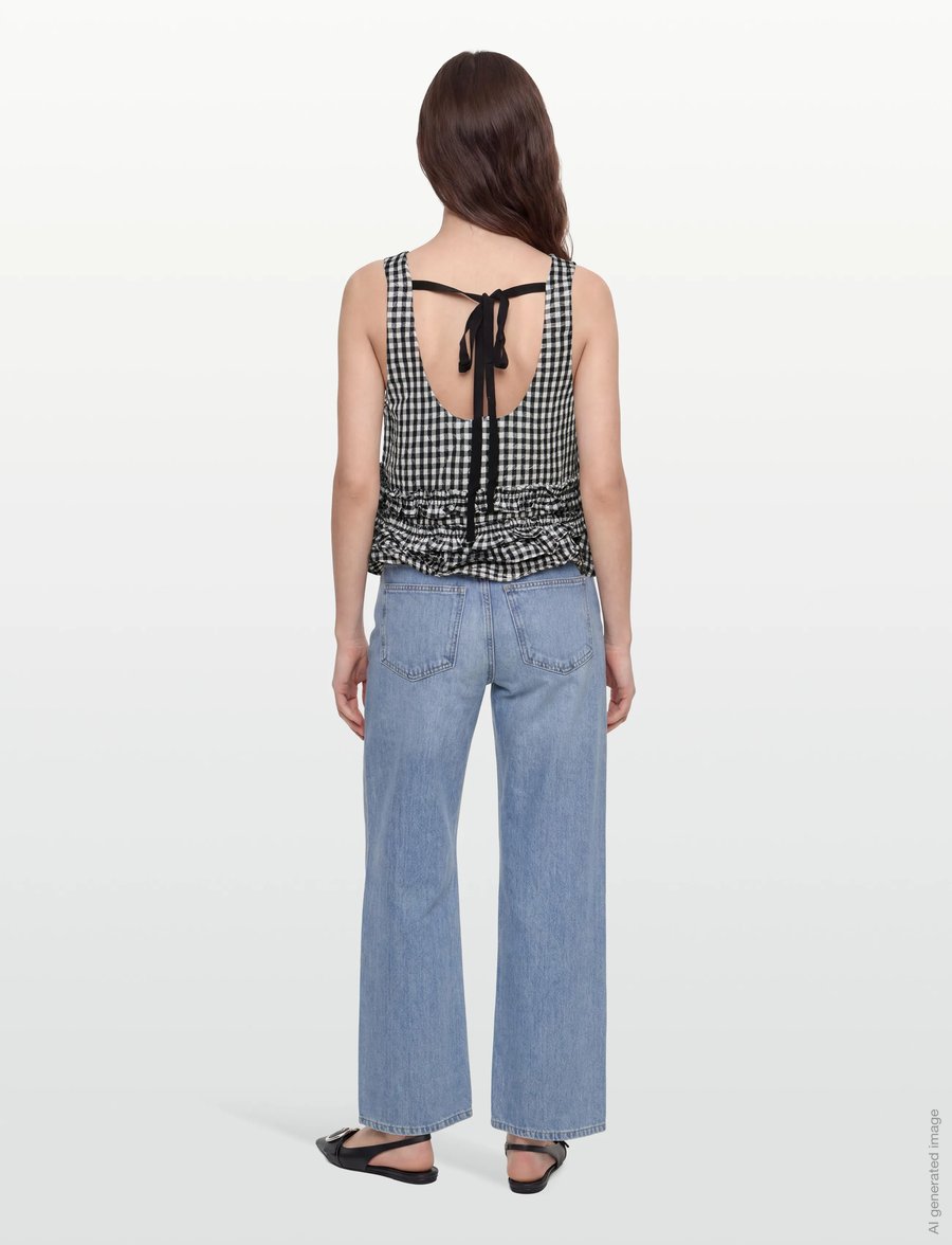 Ganni - Check Print Ruffled Top - sleeveless tops - black - 4