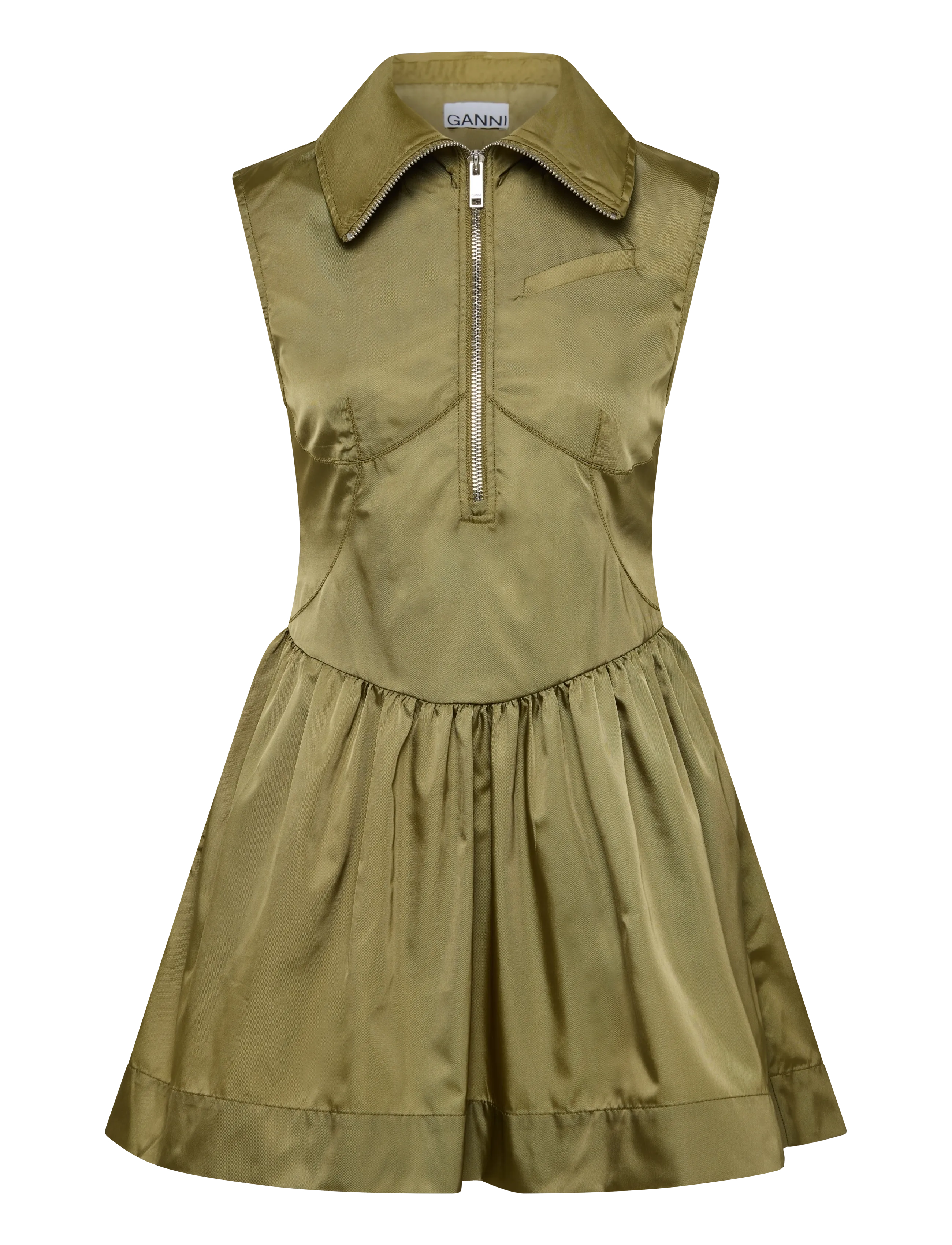 Ganni Boa Dress In Green Nylon, 32, Dresses, Khakigrün - Short Dress, Frauen