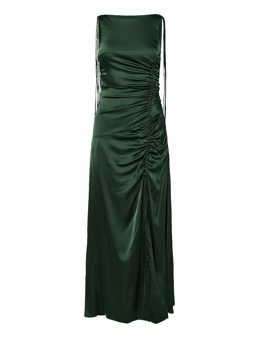 Ganni - Satin Ruched Maxi Dress - aftonklänningar - green - 1