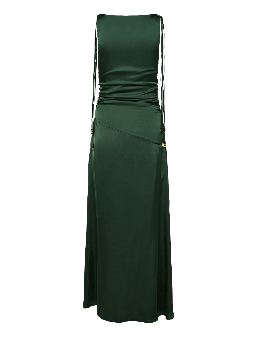 Ganni - Satin Ruched Maxi Dress - aftonklänningar - green - 2