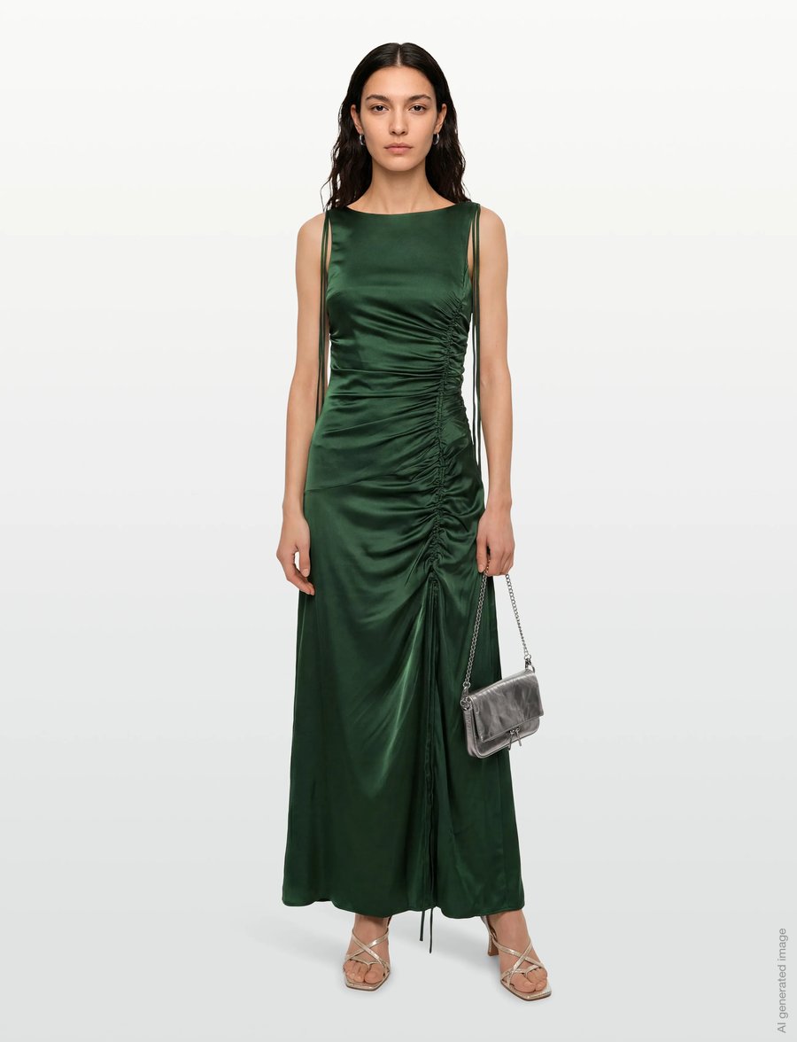 Ganni - Satin Ruched Maxi Dress - aftonklänningar - green - 0