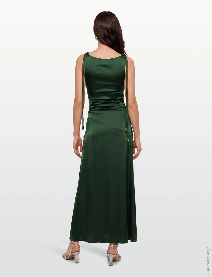 Ganni - Satin Ruched Maxi Dress - aftonklänningar - green - 4