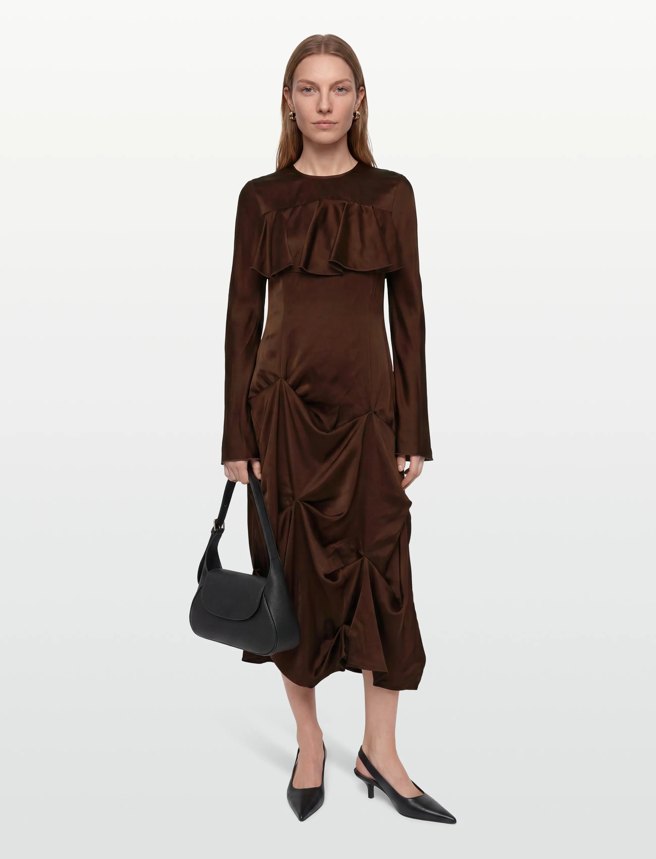 Ganni Brown Ruffle Dress, Kvinder, Flæsekjole, Brun, Str: 36