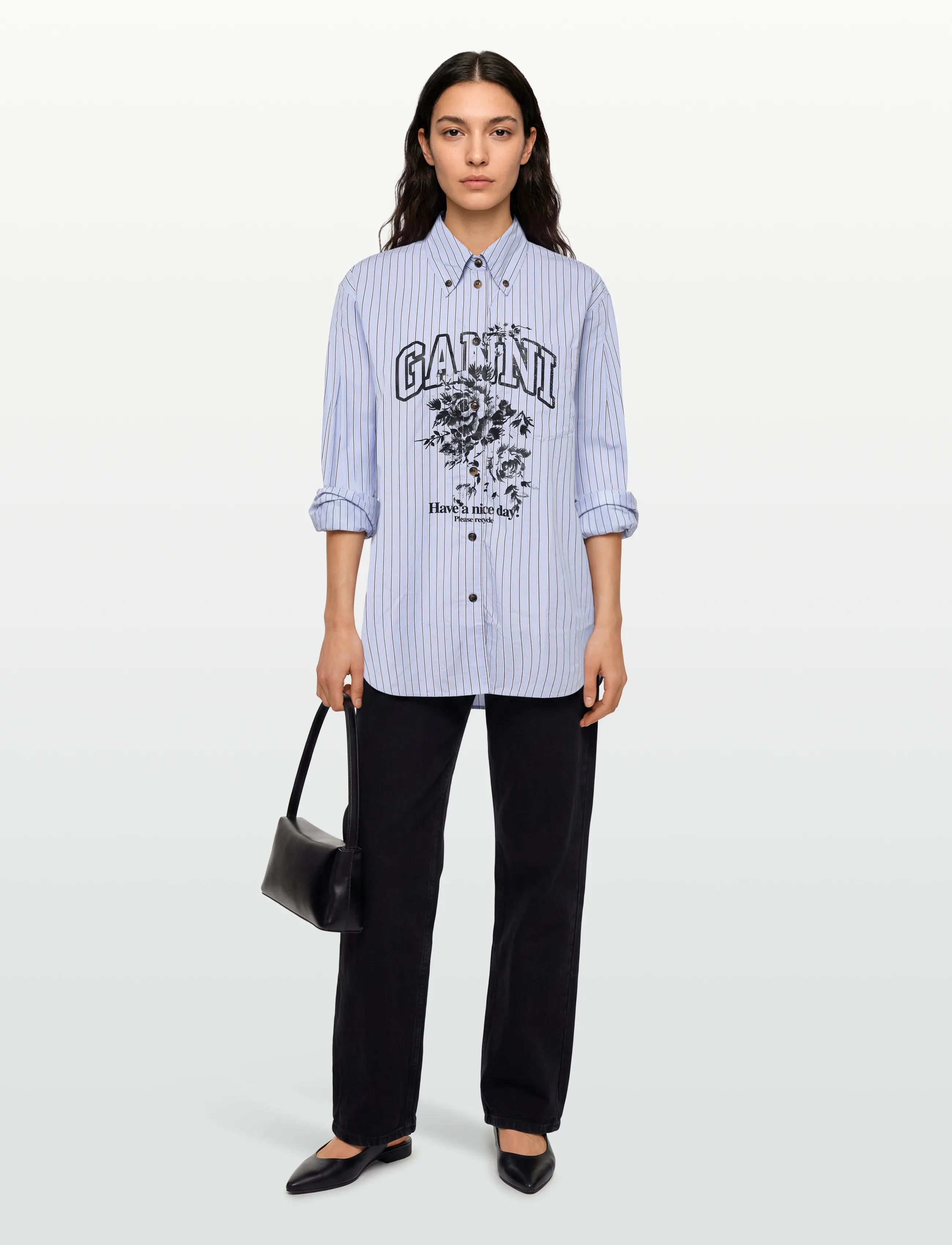 Ganni Stripe Graphic Shirt, Kvinder, Stribet Grafisk Skjorte, Blå, Str: 36