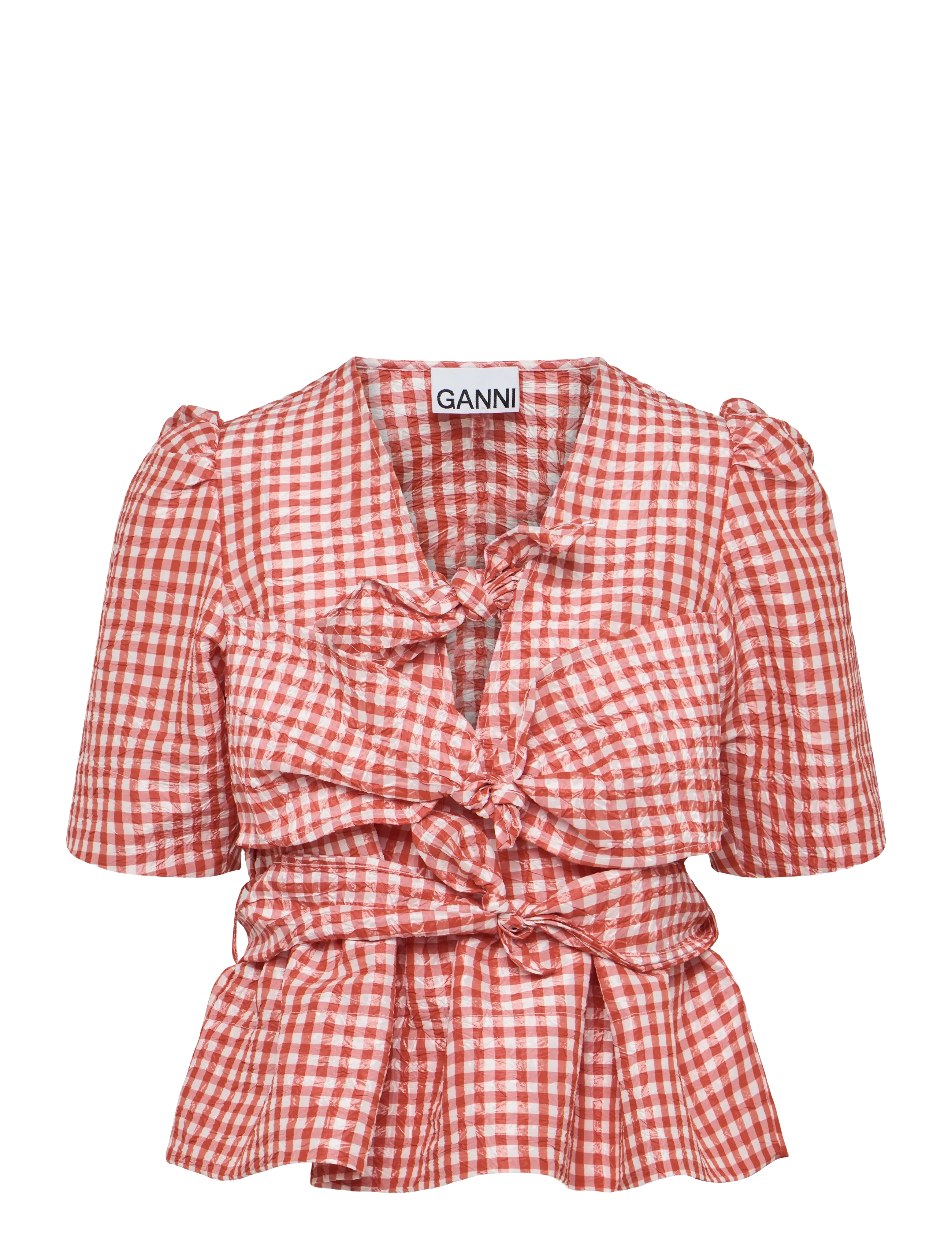 Ganni Crinkled Taffeta Check Tie Strap Blouse, 38, Orange, Bluser > Kortærmede, Dame