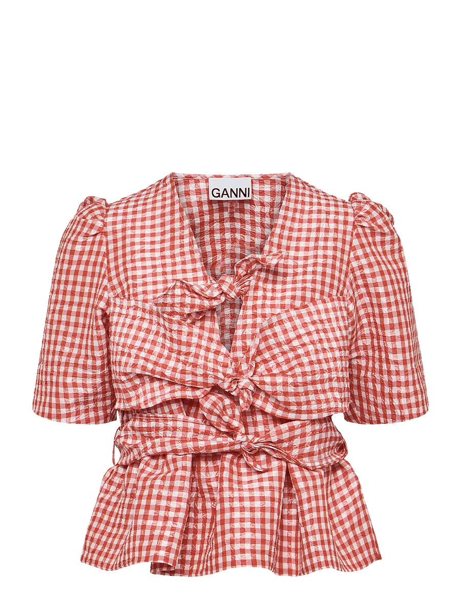 Ganni - Crinkled Taffeta Check Tie Strap Blouse - kurzärmelige blusen - orange - 0