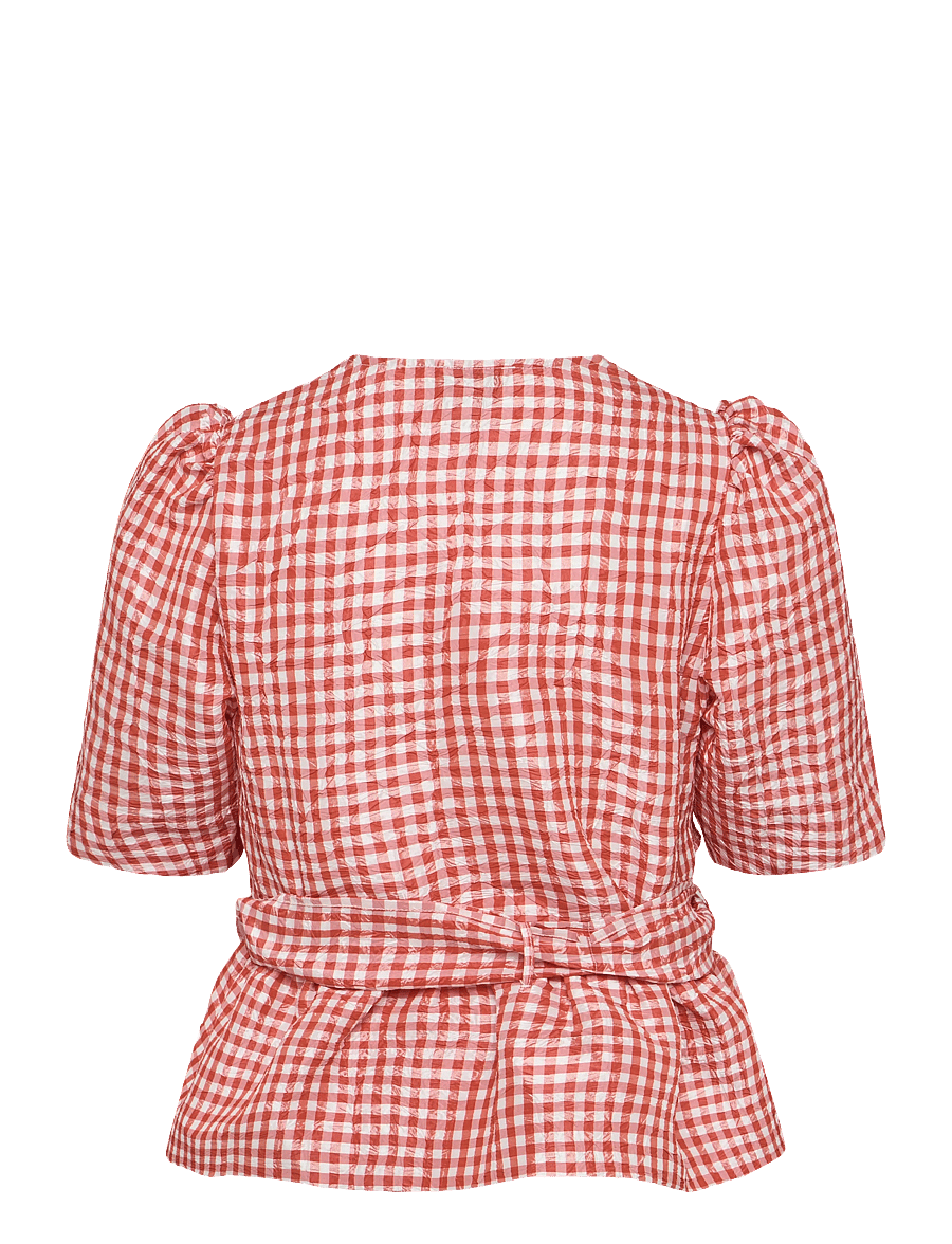 Ganni - Crinkled Taffeta Check Tie Strap Blouse - kurzärmelige blusen - orange - 1