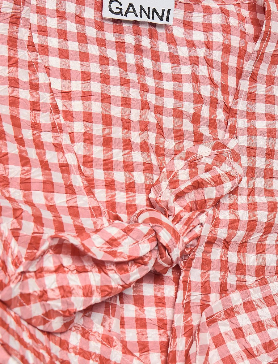 Ganni - Crinkled Taffeta Check Tie Strap Blouse - kurzärmelige blusen - orange - 2