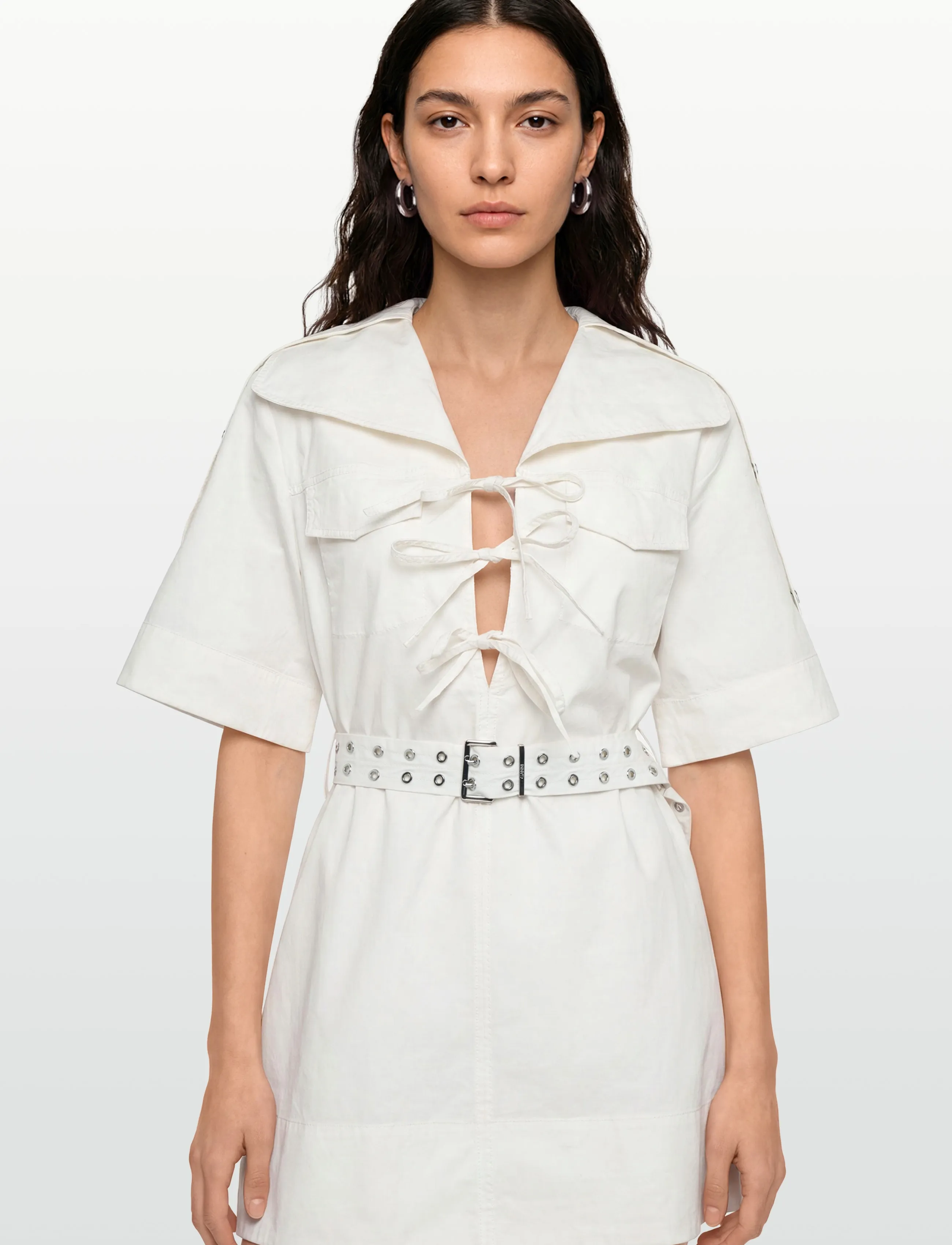Ganni - Ivory Stretch Cotton Mini Dress - hemdkleider - white - 3