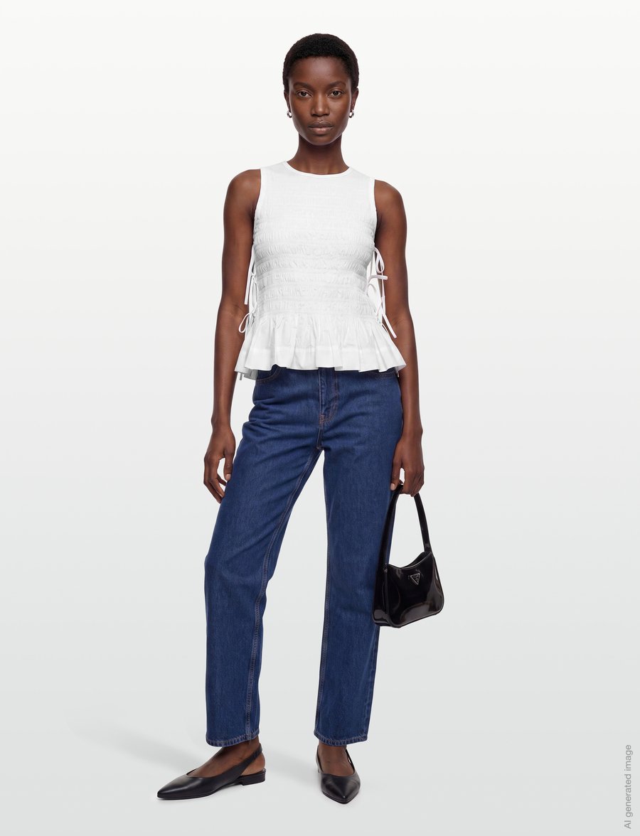 Ganni - Top In White Smocked Cotton - sleeveless blouses - white - 0