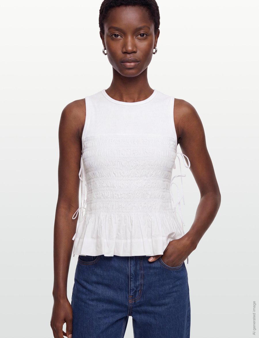Ganni - Top In White Smocked Cotton - sleeveless blouses - white - 3