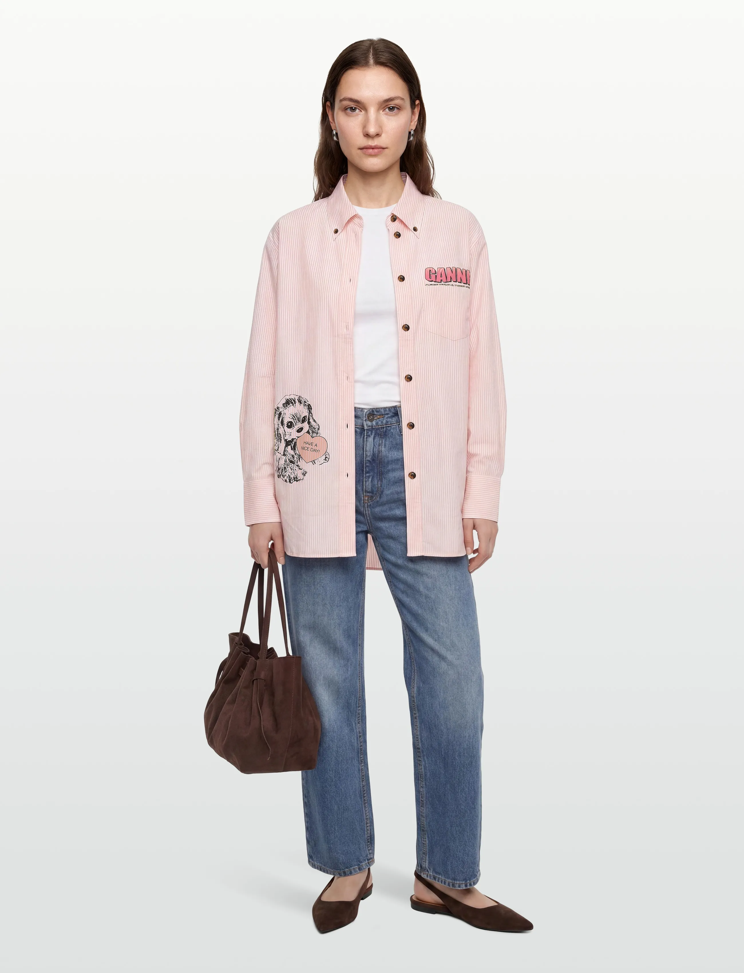 Ganni Stripe Graphic Shirt, Kvinder, Stribet Grafisk Skjorte, Pink, Str: 38