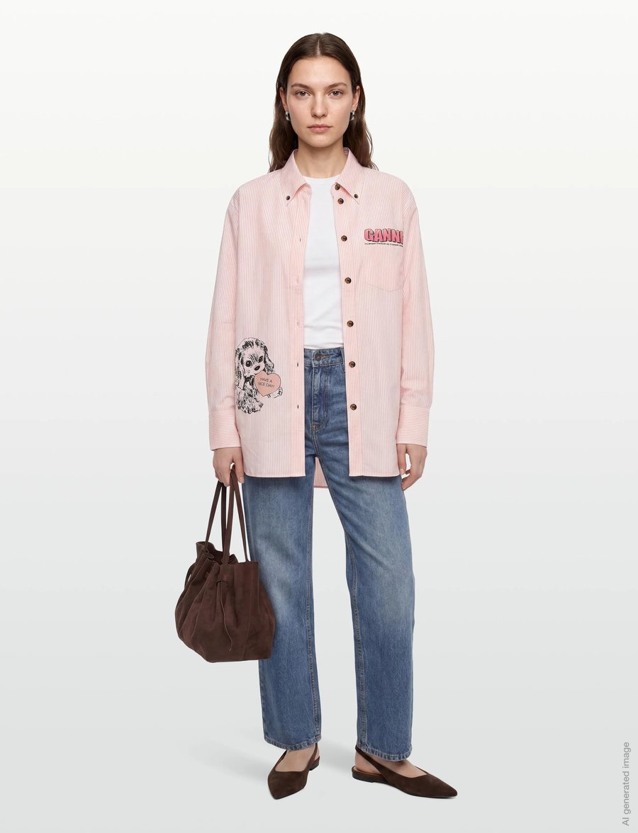 Ganni - Stripe Graphic Shirt - långärmade skjortor - pink - 0