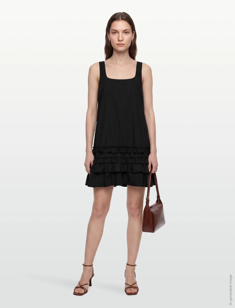 Ganni - Ruffled Organic Cotton Poplin Mini Dress - sommerkleider - black - 0