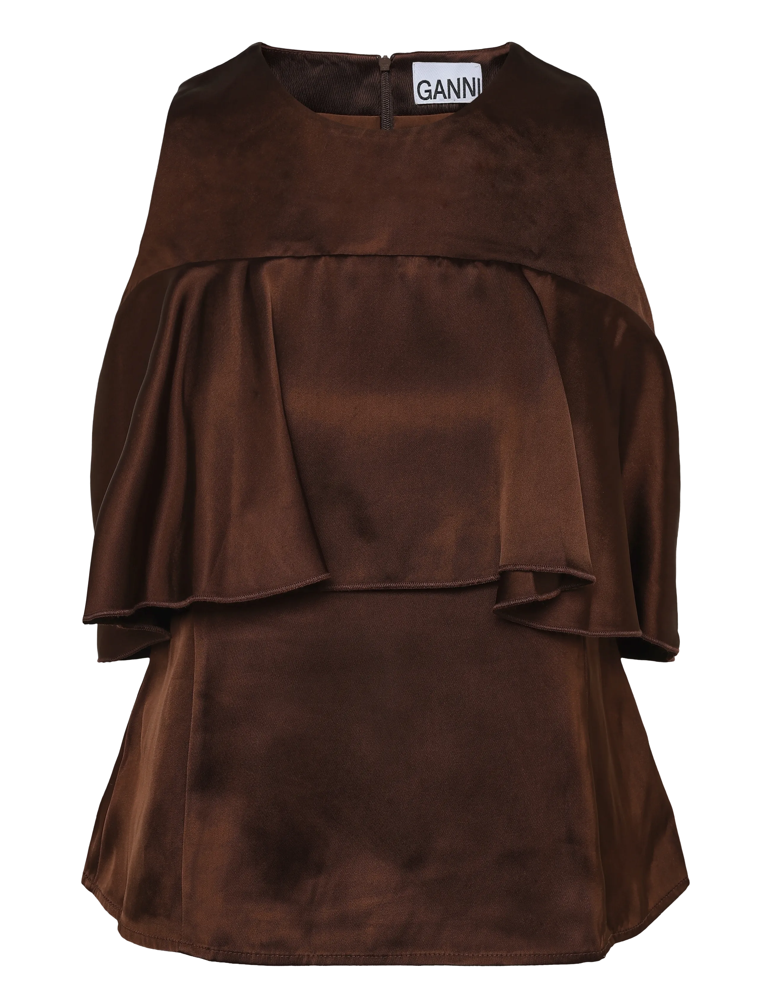 Ganni - Double Viscose Satin Ruffle Top - brown - 1