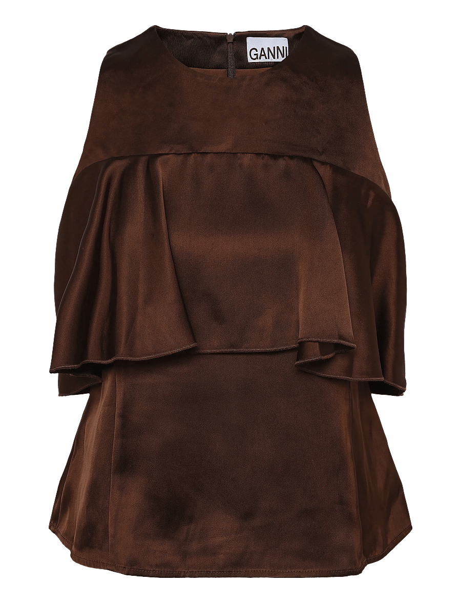 Ganni - Double Viscose Satin Ruffle Top - Ärmellose tops - brown - 1