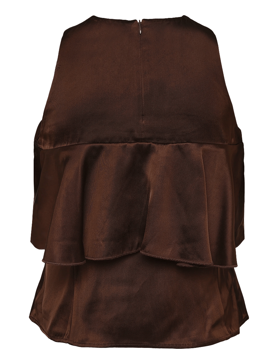 Ganni - Double Viscose Satin Ruffle Top - Ärmellose tops - brown - 2
