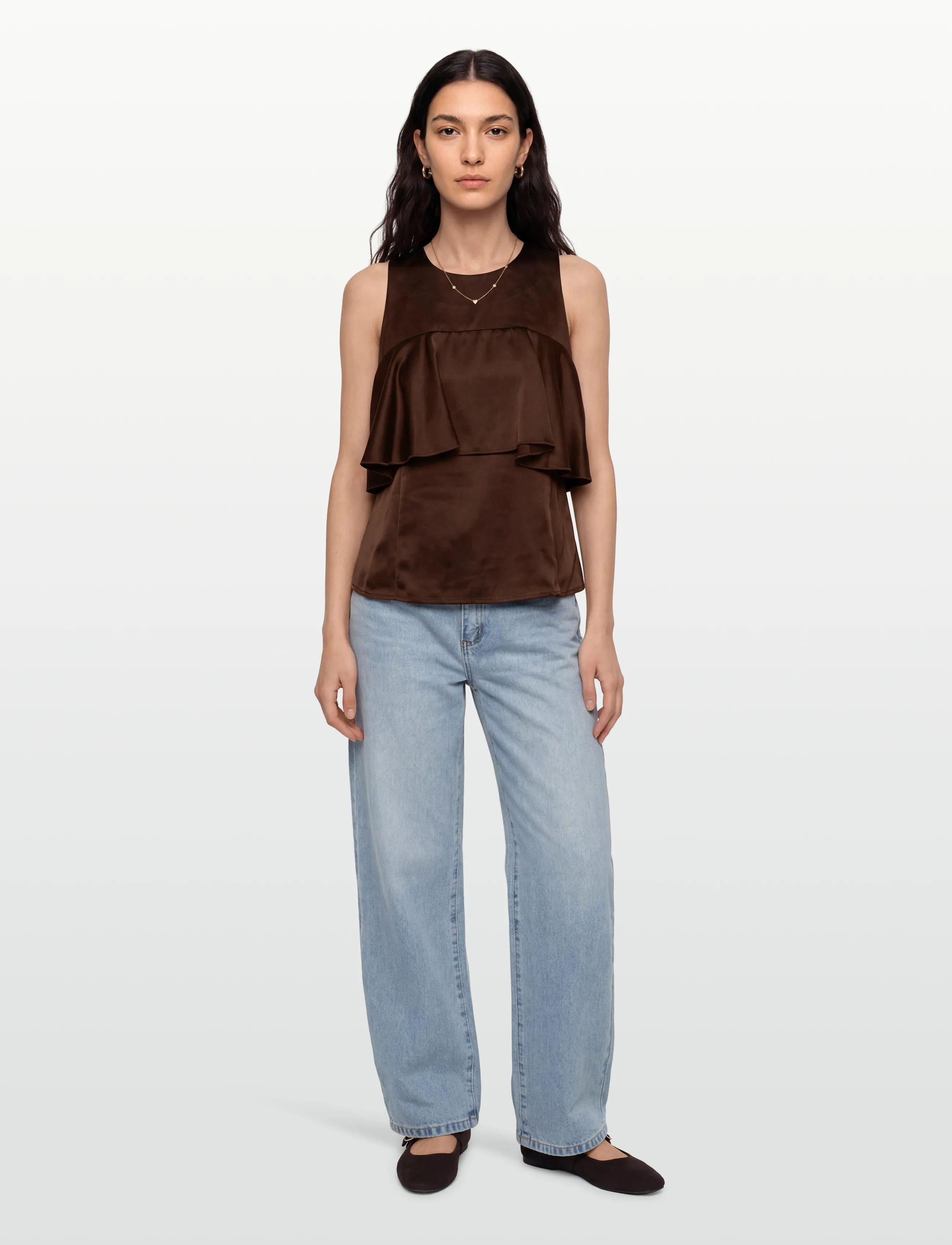 Ganni Double Viscose Satin Ruffle Top, 38, Brown, T-Shirts & Toppe > Uden Ærmer, Dame