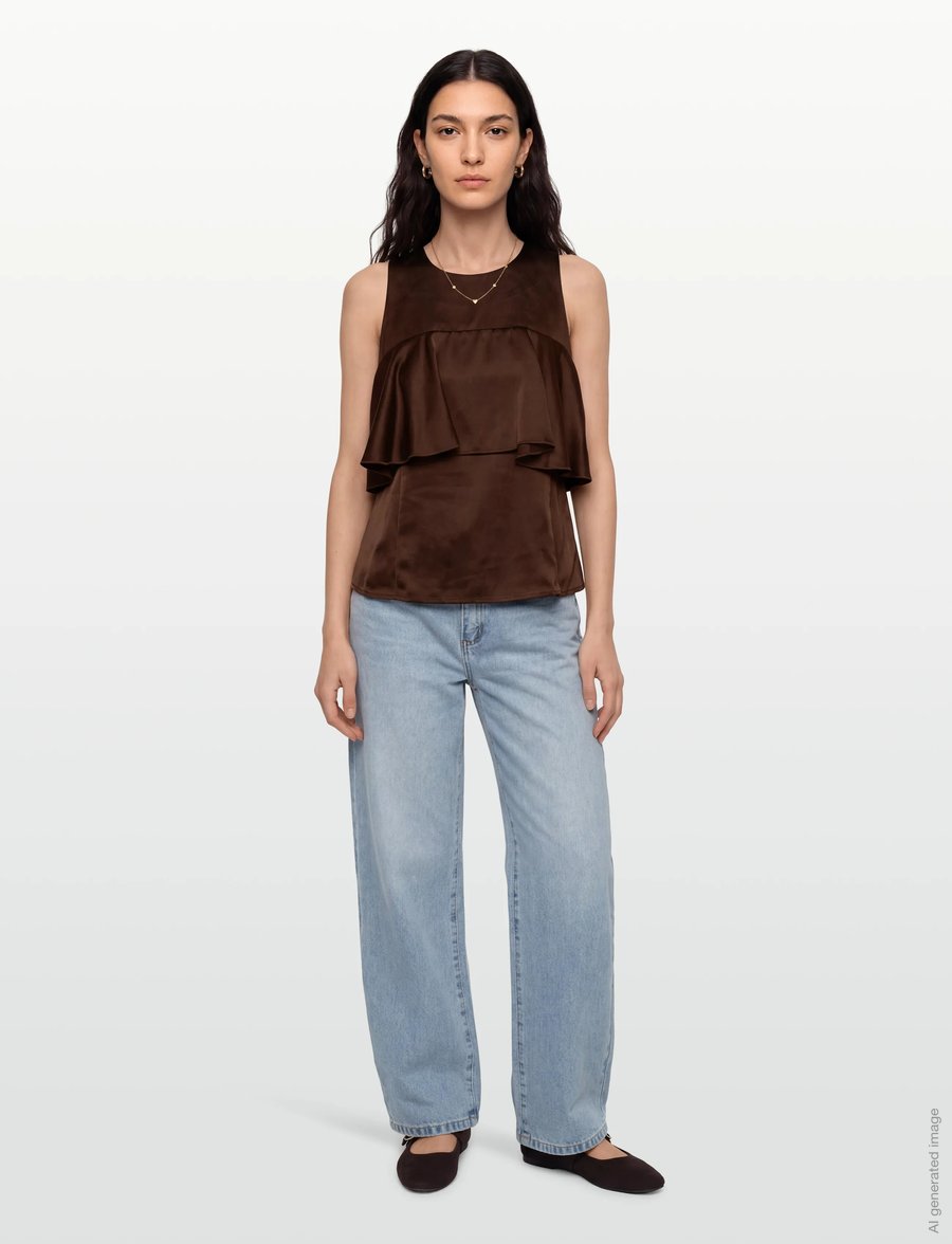 Ganni - Double Viscose Satin Ruffle Top - Ärmellose tops - brown - 0