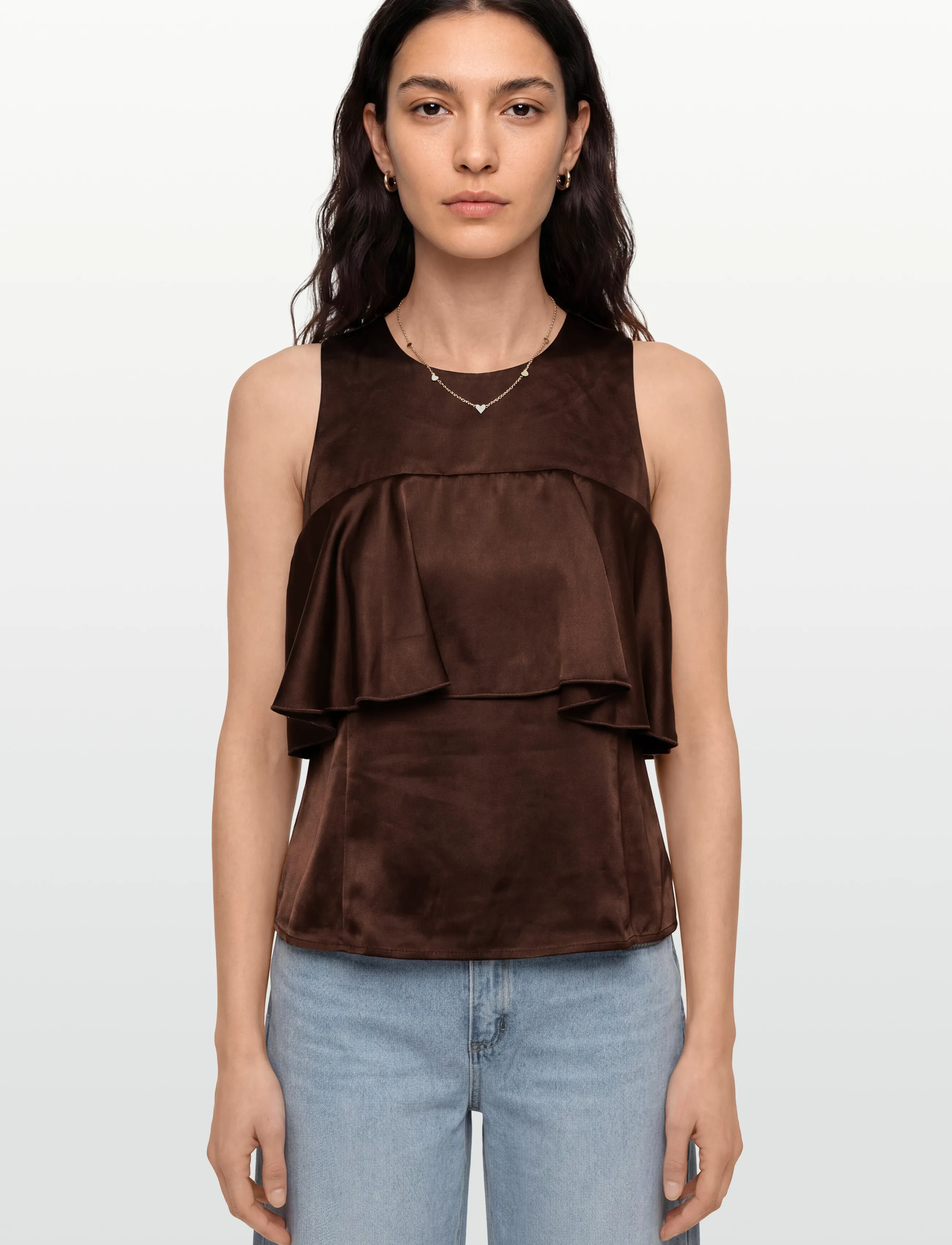 Ganni - Double Viscose Satin Ruffle Top - brown - 3