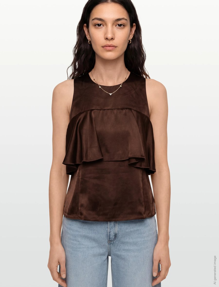 Ganni - Double Viscose Satin Ruffle Top - Ärmellose tops - brown - 3