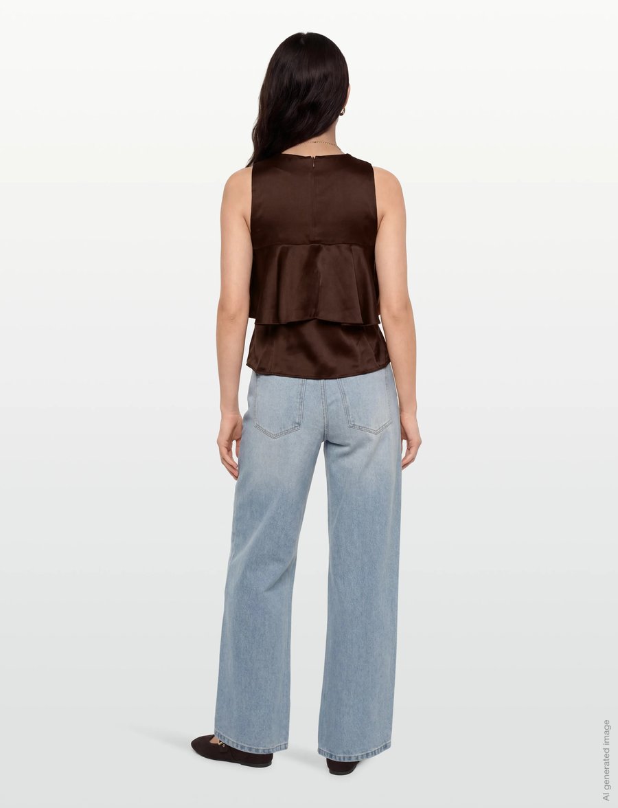 Ganni - Double Viscose Satin Ruffle Top - Ärmellose tops - brown - 4