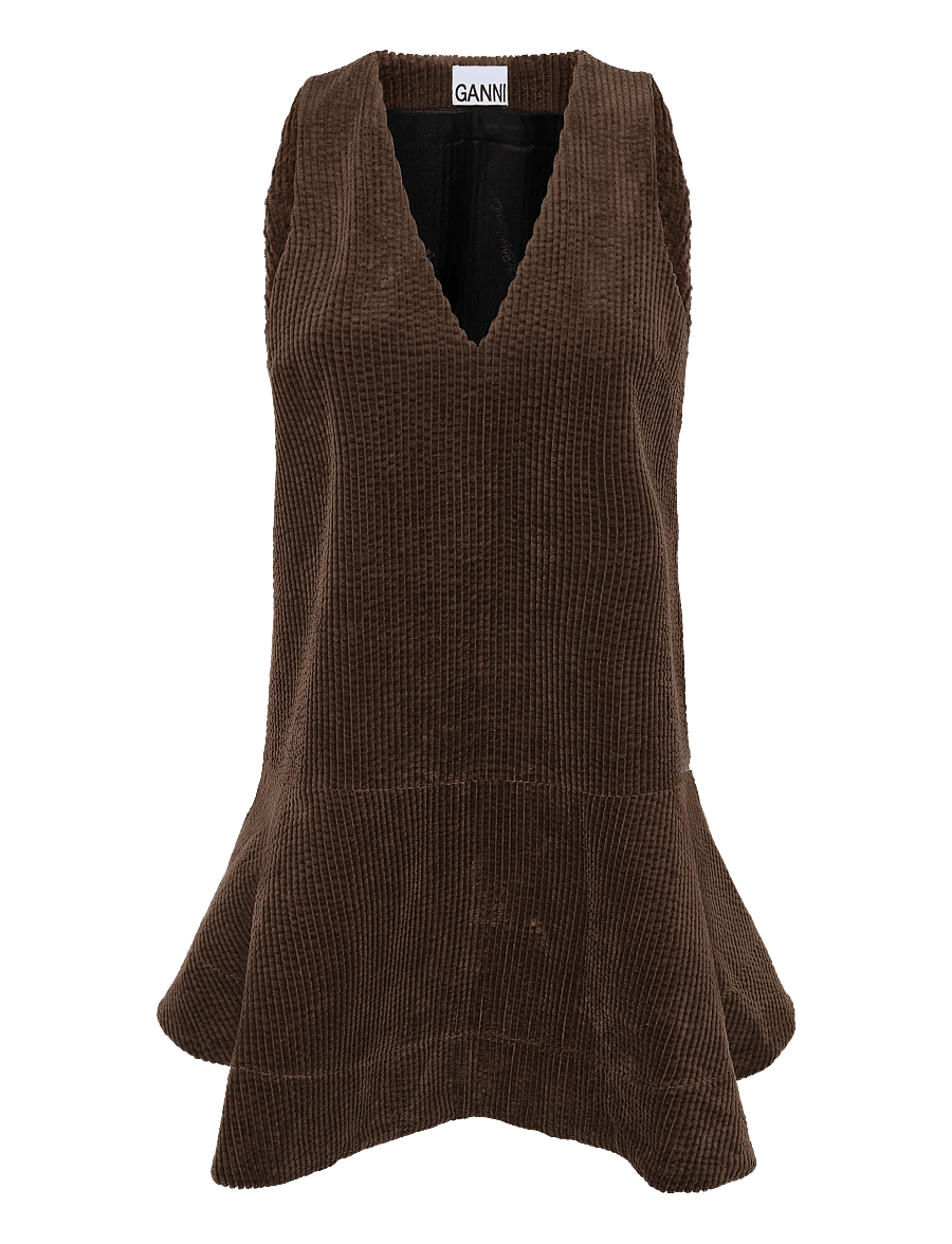 Ganni - Seersucker Corduroy V Neck Mini Dress - minikleidid - brown - 0