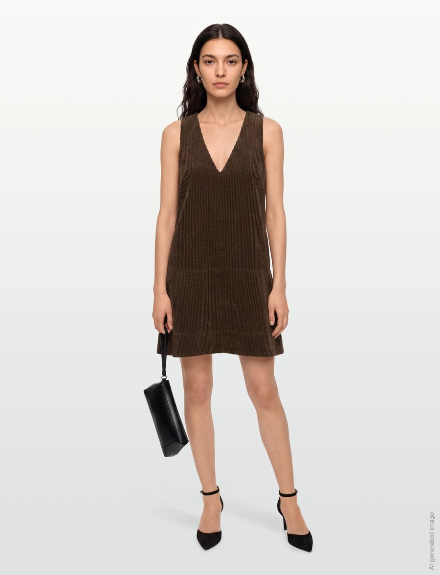 Ganni - Seersucker Corduroy V Neck Mini Dress - korta klänningar - brown - 0