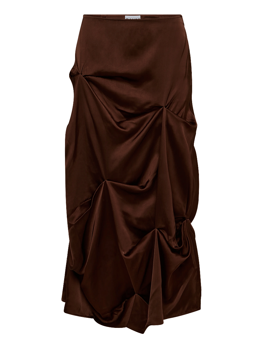 Ganni - Satin Tuck Detail Long Skirt - satiinseelikud - brown - 1
