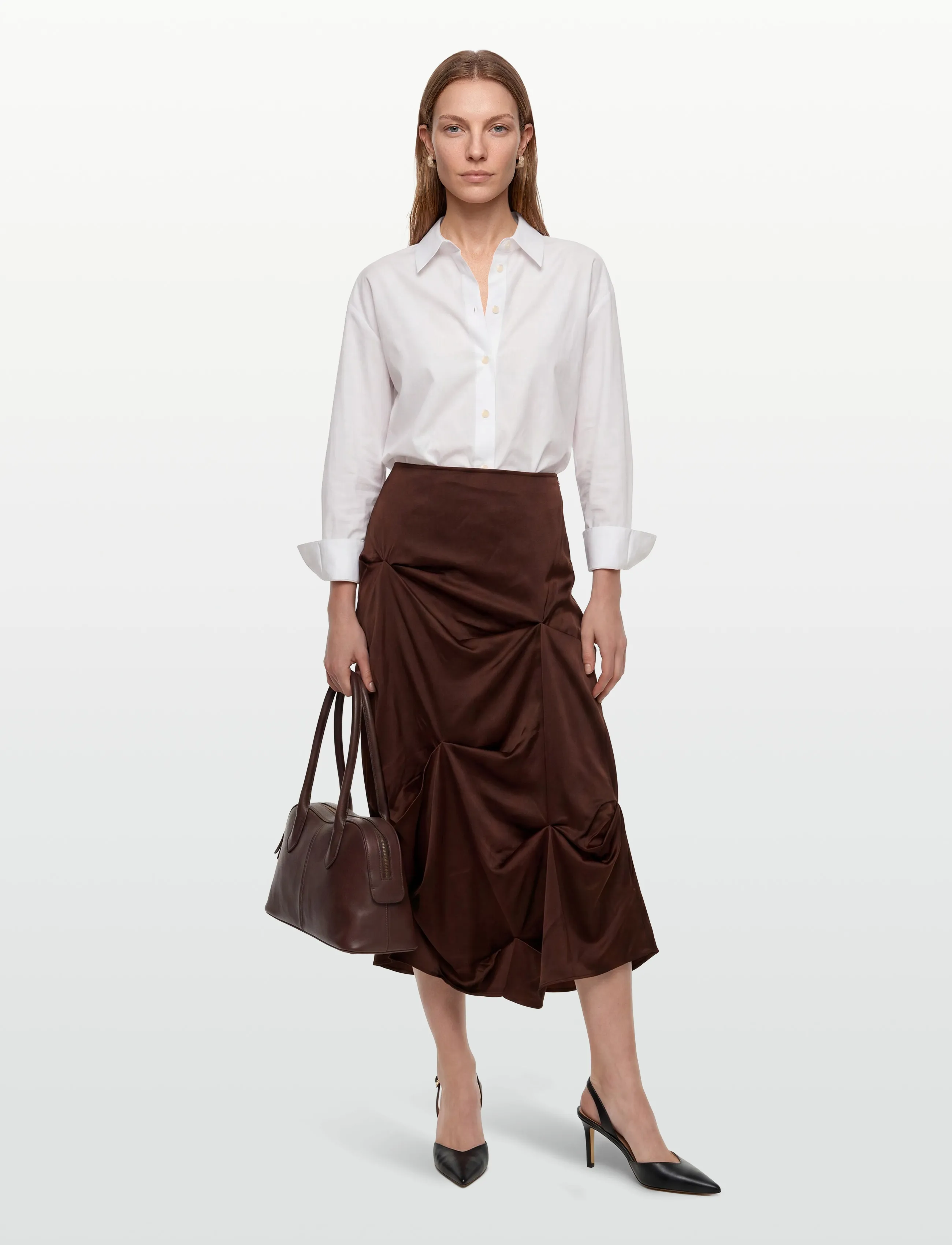 Ganni - Satin Tuck Detail Long Skirt - brown - 0