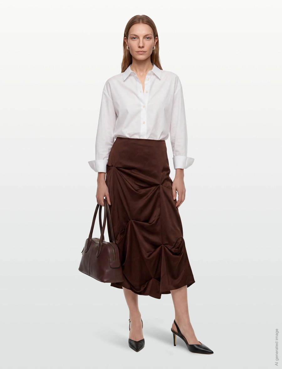 Ganni - Satin Tuck Detail Long Skirt - satiinseelikud - brown - 0