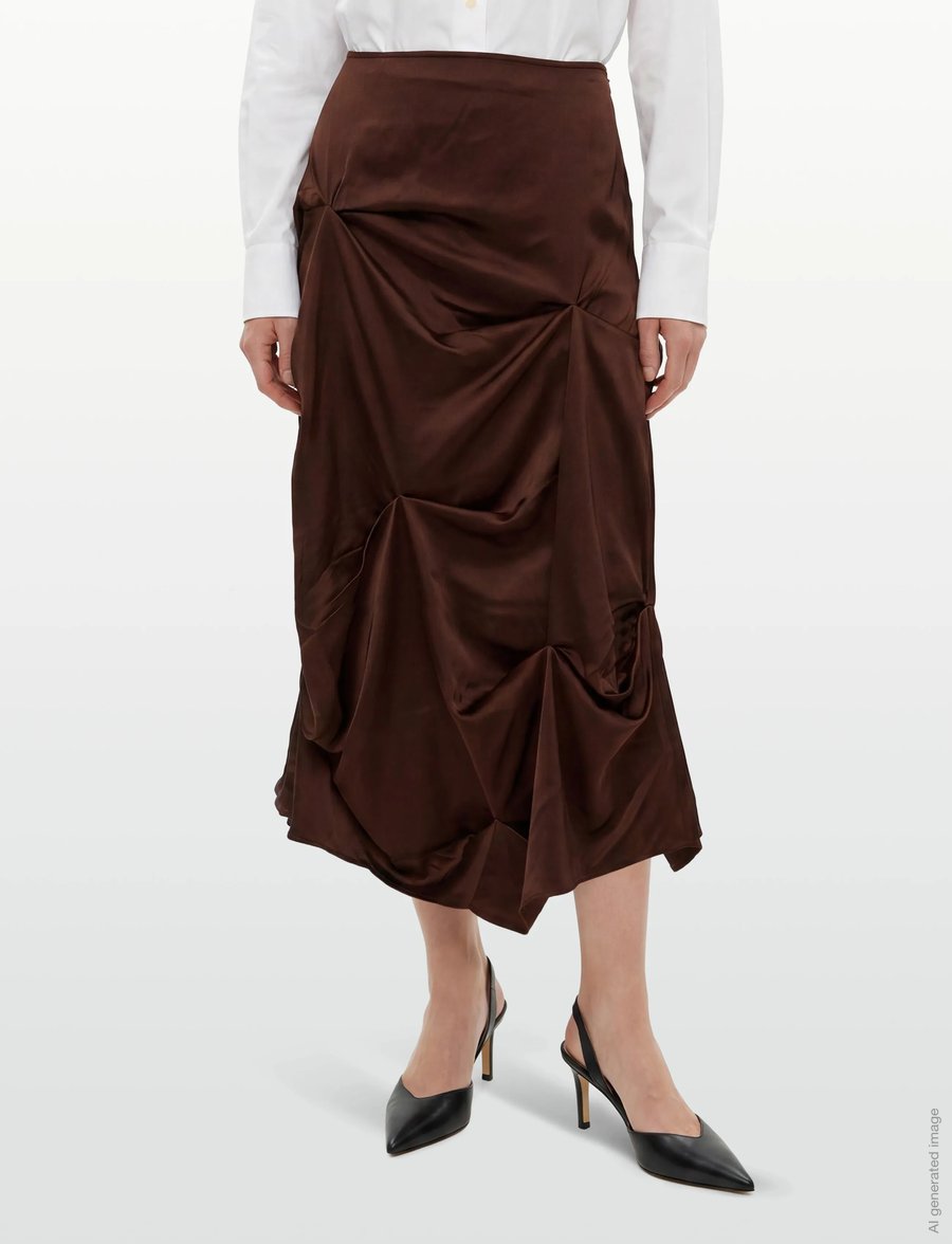 Ganni - Satin Tuck Detail Long Skirt - satiinseelikud - brown - 3