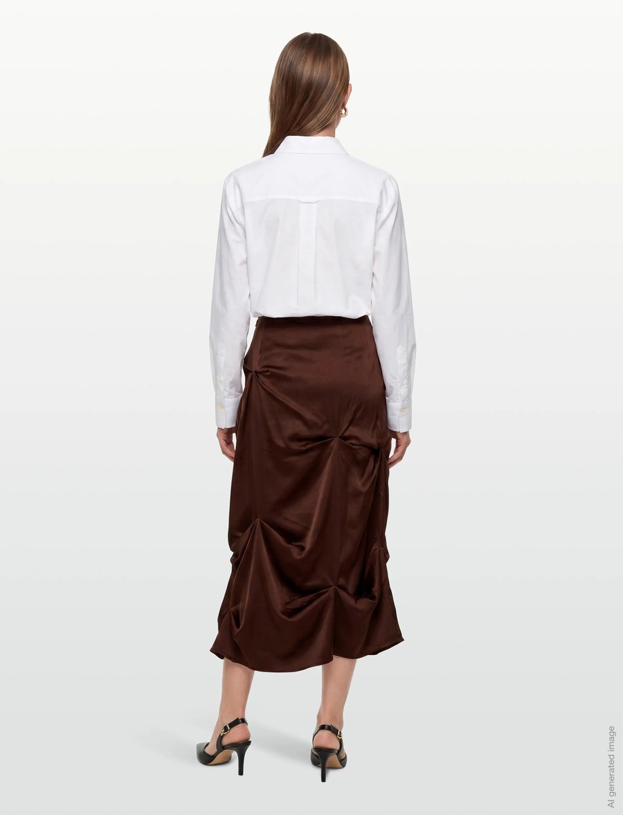 Ganni - Satin Tuck Detail Long Skirt - satiinseelikud - brown - 4