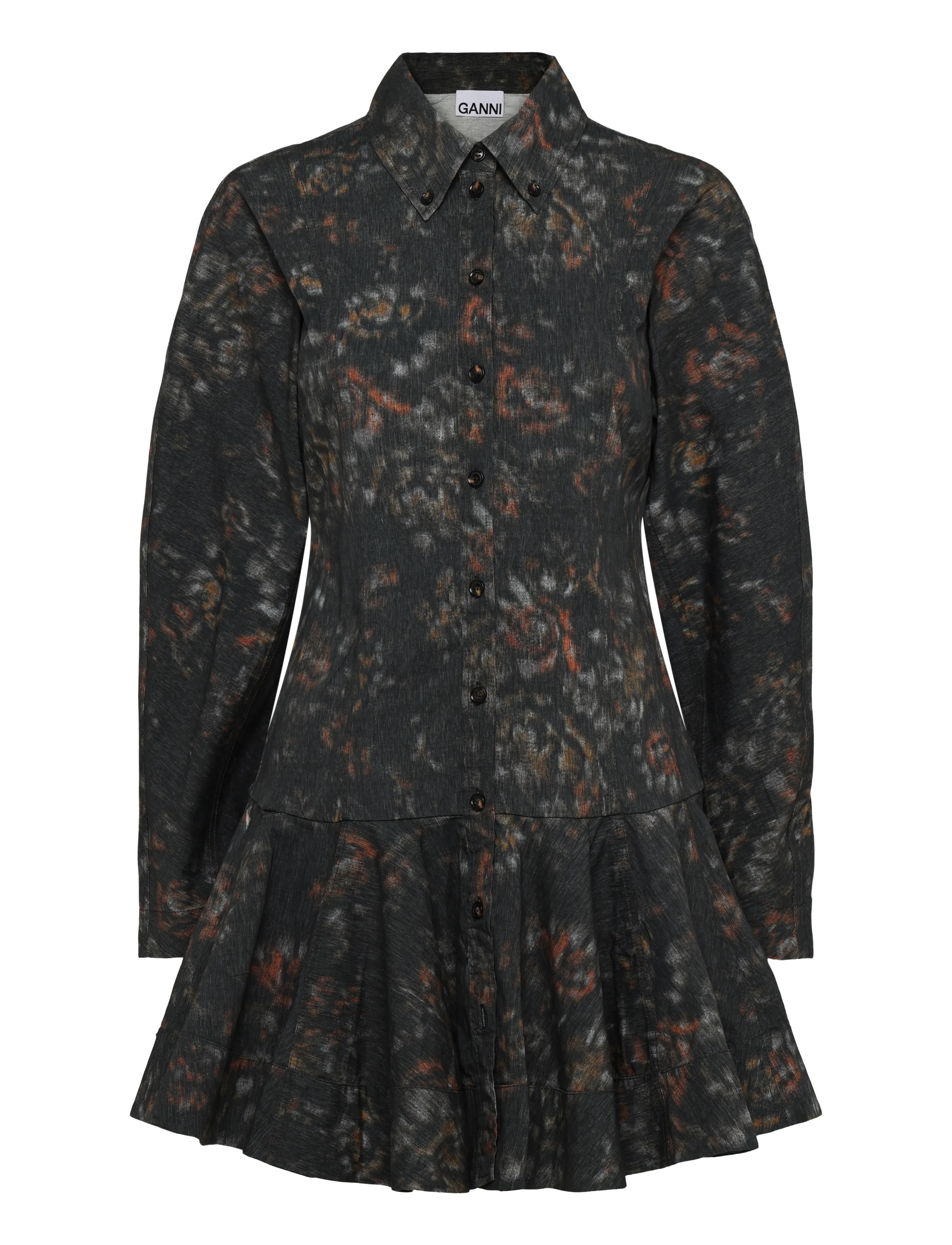 Ganni Stretch Cotton Buttoned Mini Dress In Phantom Floral - GANNI - GREY / grey