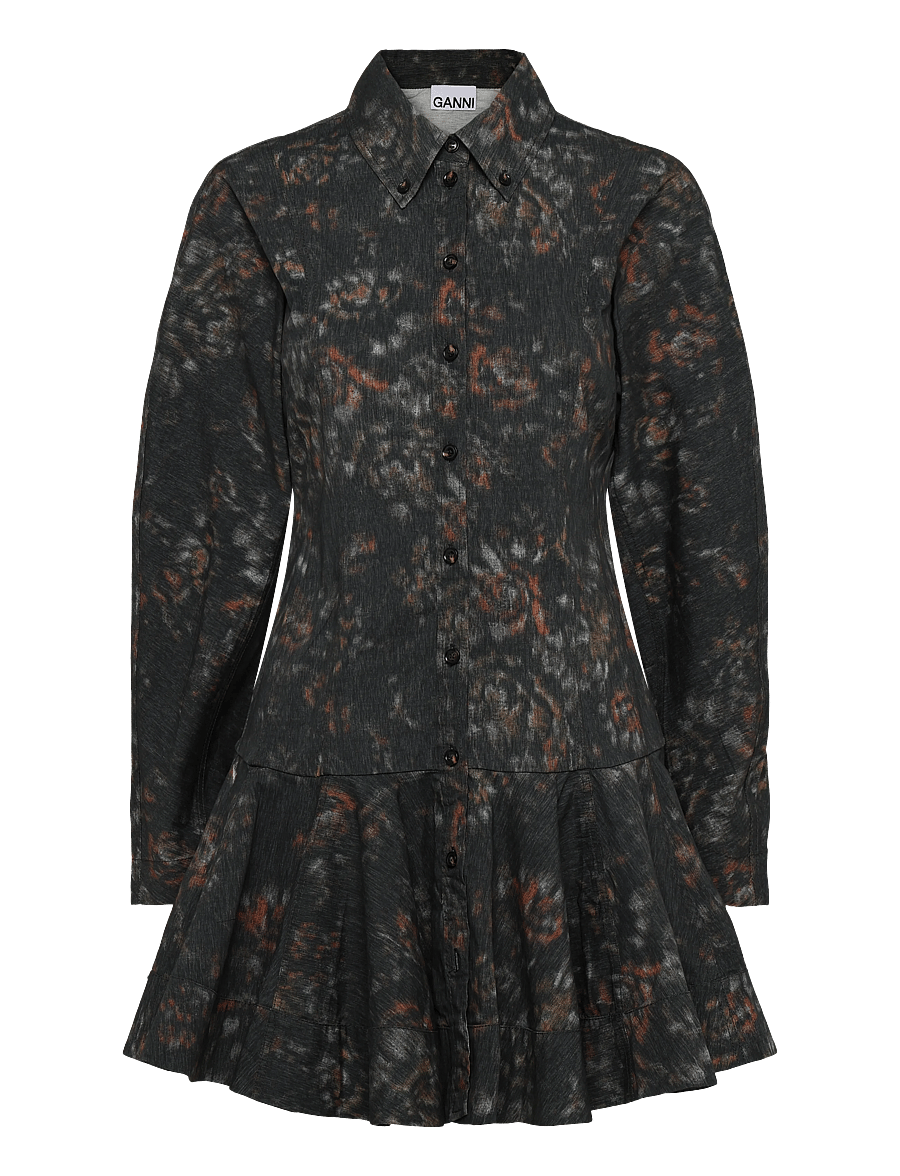 Ganni - Stretch Cotton Buttoned Mini Dress In Phantom Floral - skjortklänningar - grey - 1
