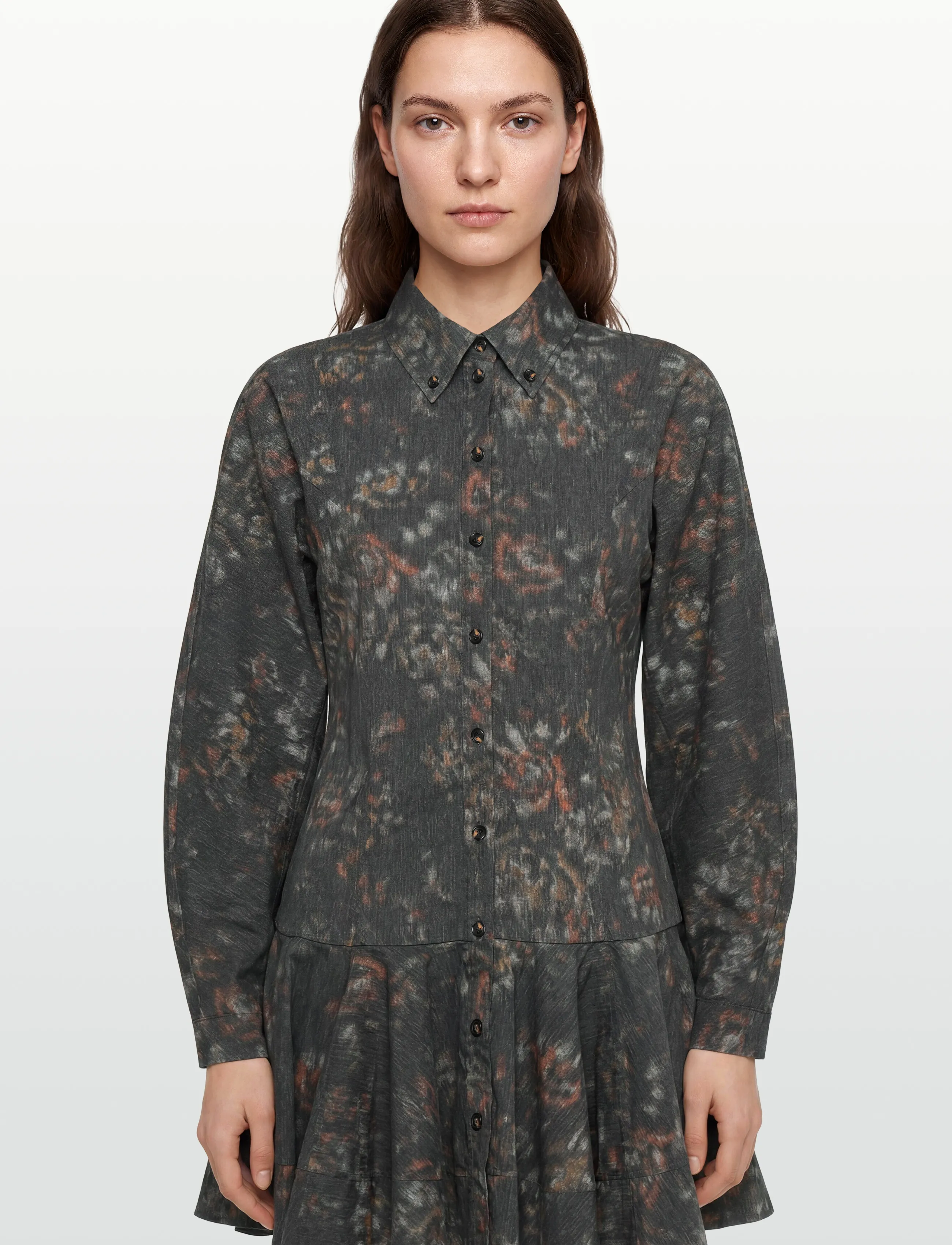 Ganni - Stretch Cotton Buttoned Mini Dress In Phantom Floral - skjortklänningar - grey - 3