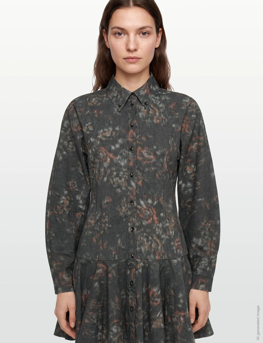 Ganni - Stretch Cotton Buttoned Mini Dress In Phantom Floral - skjortklänningar - grey - 3