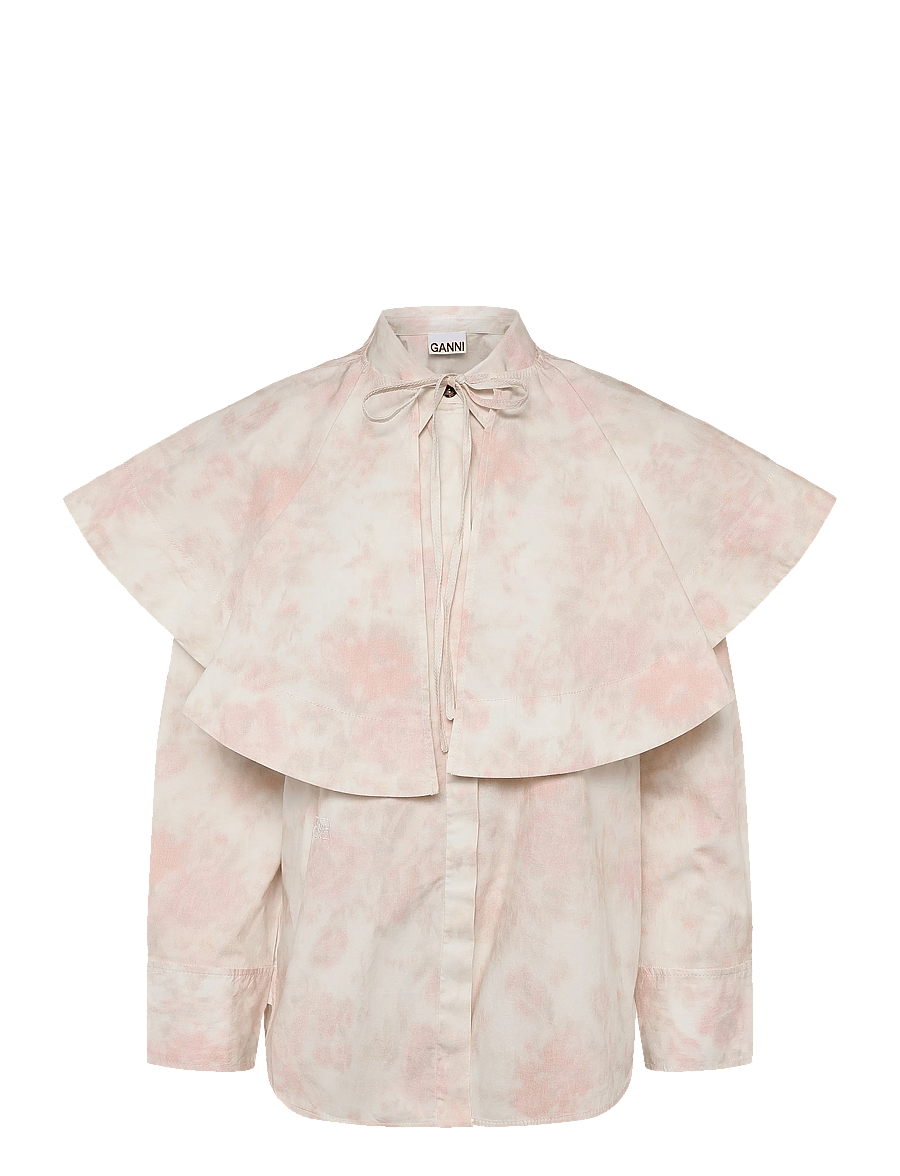 Ganni - Printed Stretch Cotton Circle Collar Shirt - langærmede skjorter - white - 0