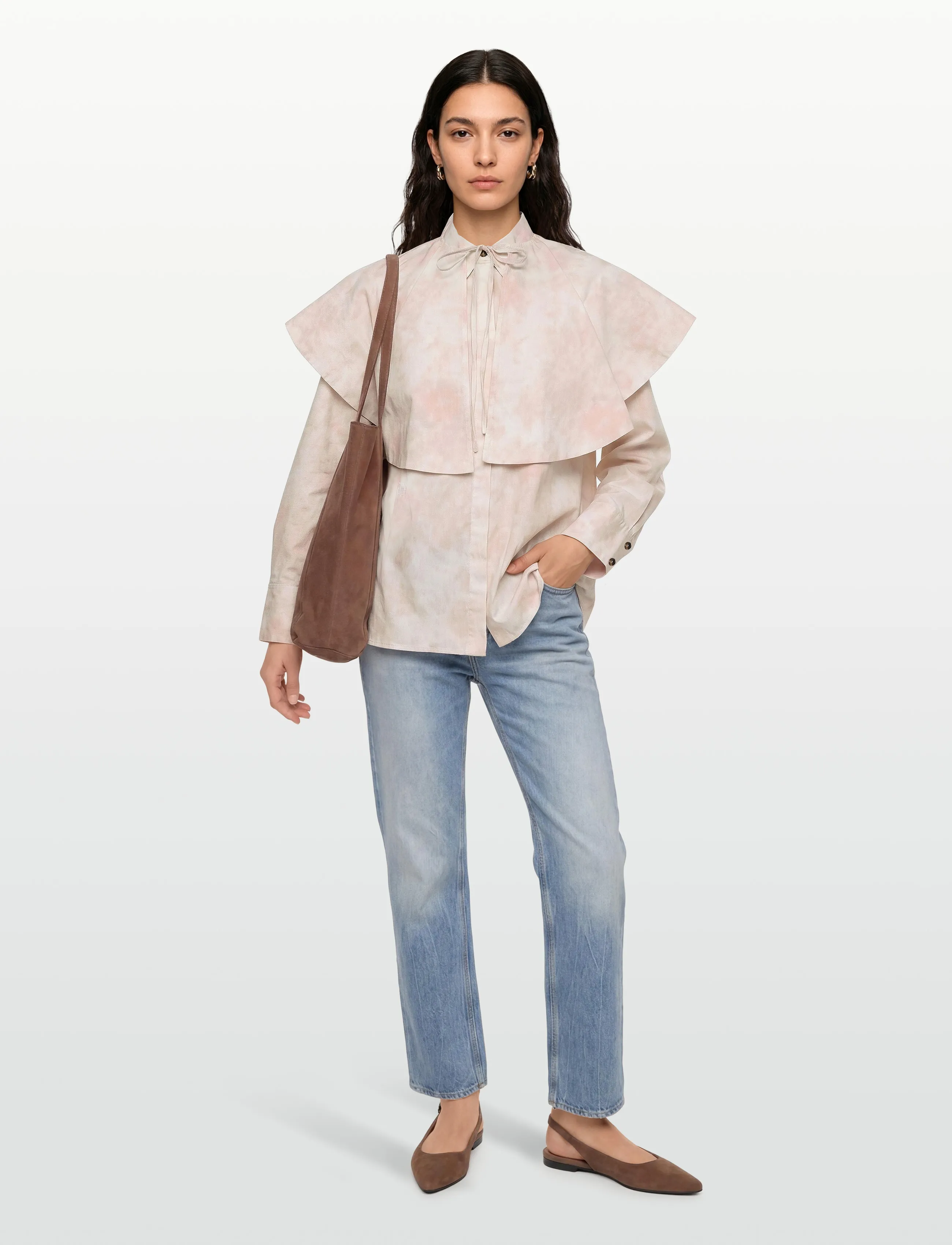 Ganni - Printed Stretch Cotton Circle Collar Shirt - langärmlige hemden - white - 0
