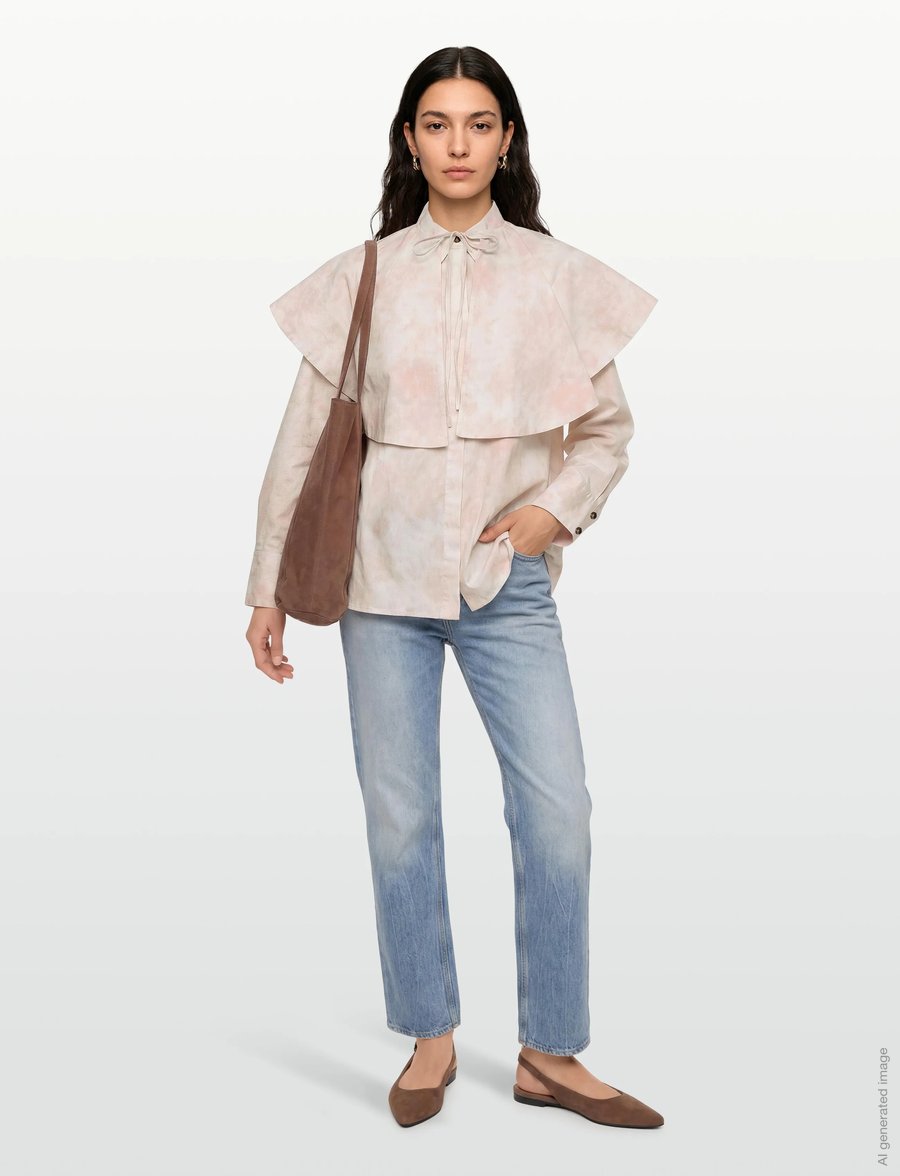 Ganni - Printed Stretch Cotton Circle Collar Shirt - langärmlige hemden - white - 0