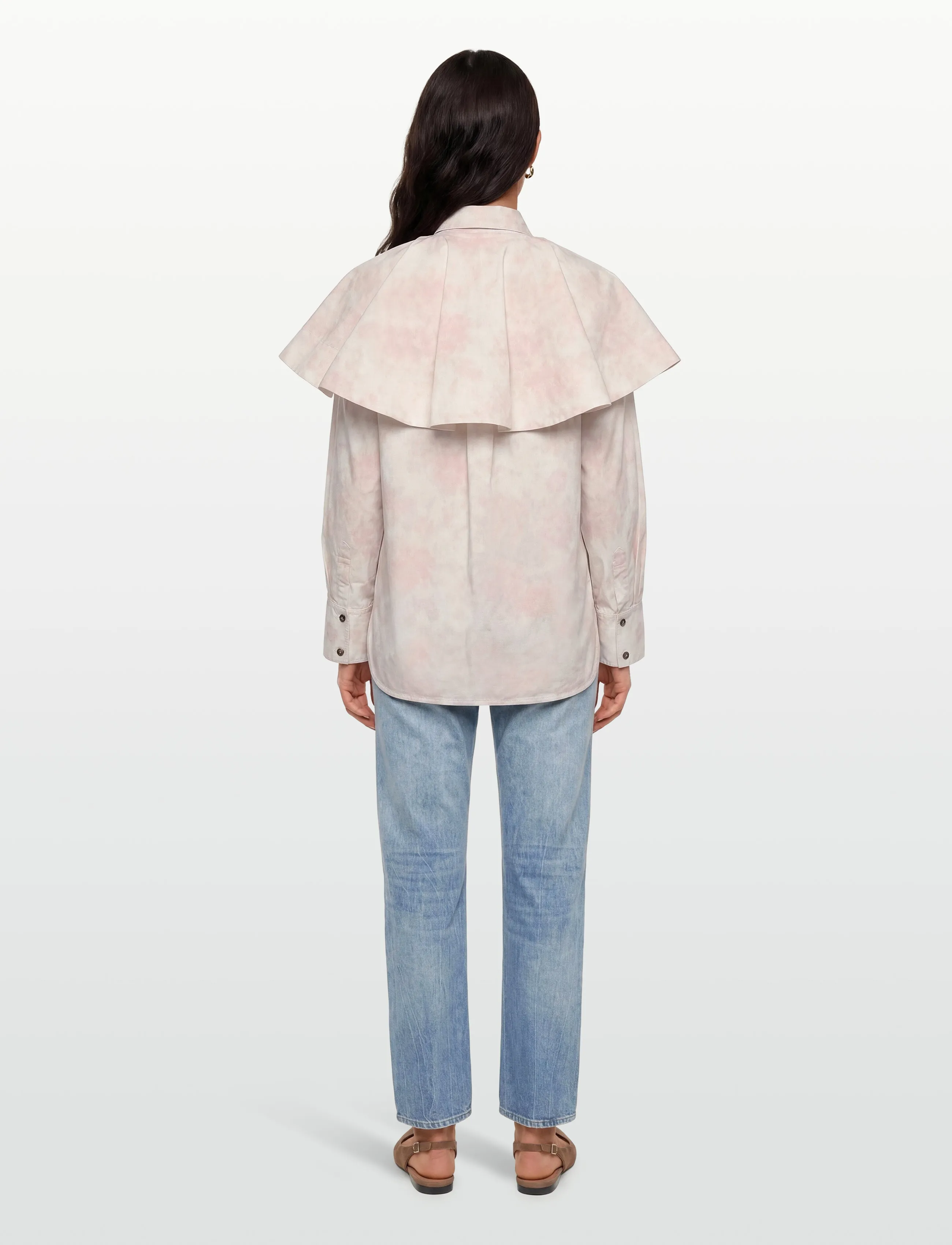 Ganni - Printed Stretch Cotton Circle Collar Shirt - langärmlige hemden - white - 4
