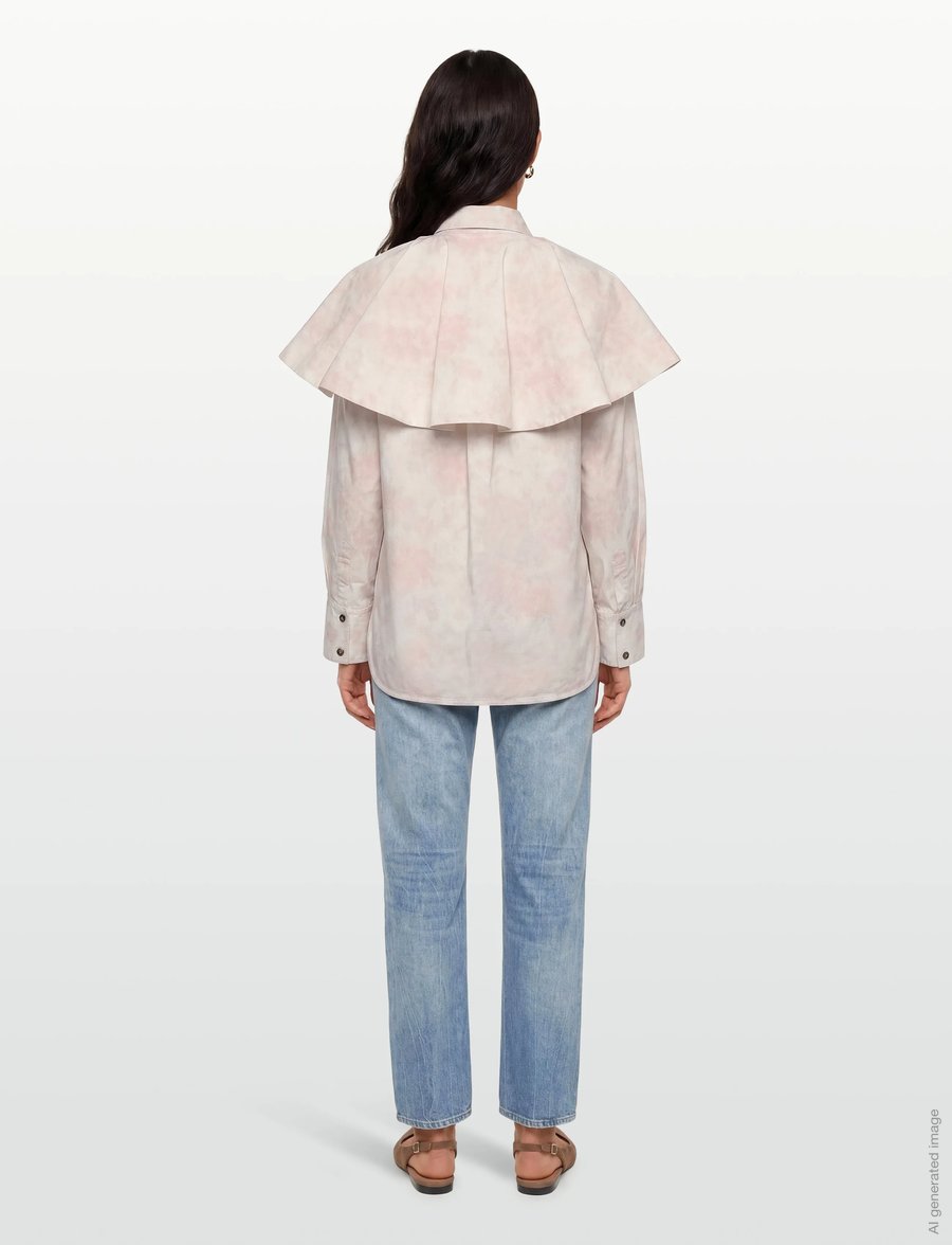 Ganni - Printed Stretch Cotton Circle Collar Shirt - langärmlige hemden - white - 4