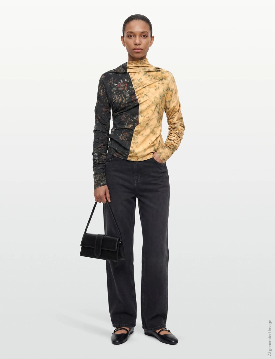 Ganni - Printed Stretch Cotton Ruched Top - långärmade toppar - multicolored - 0