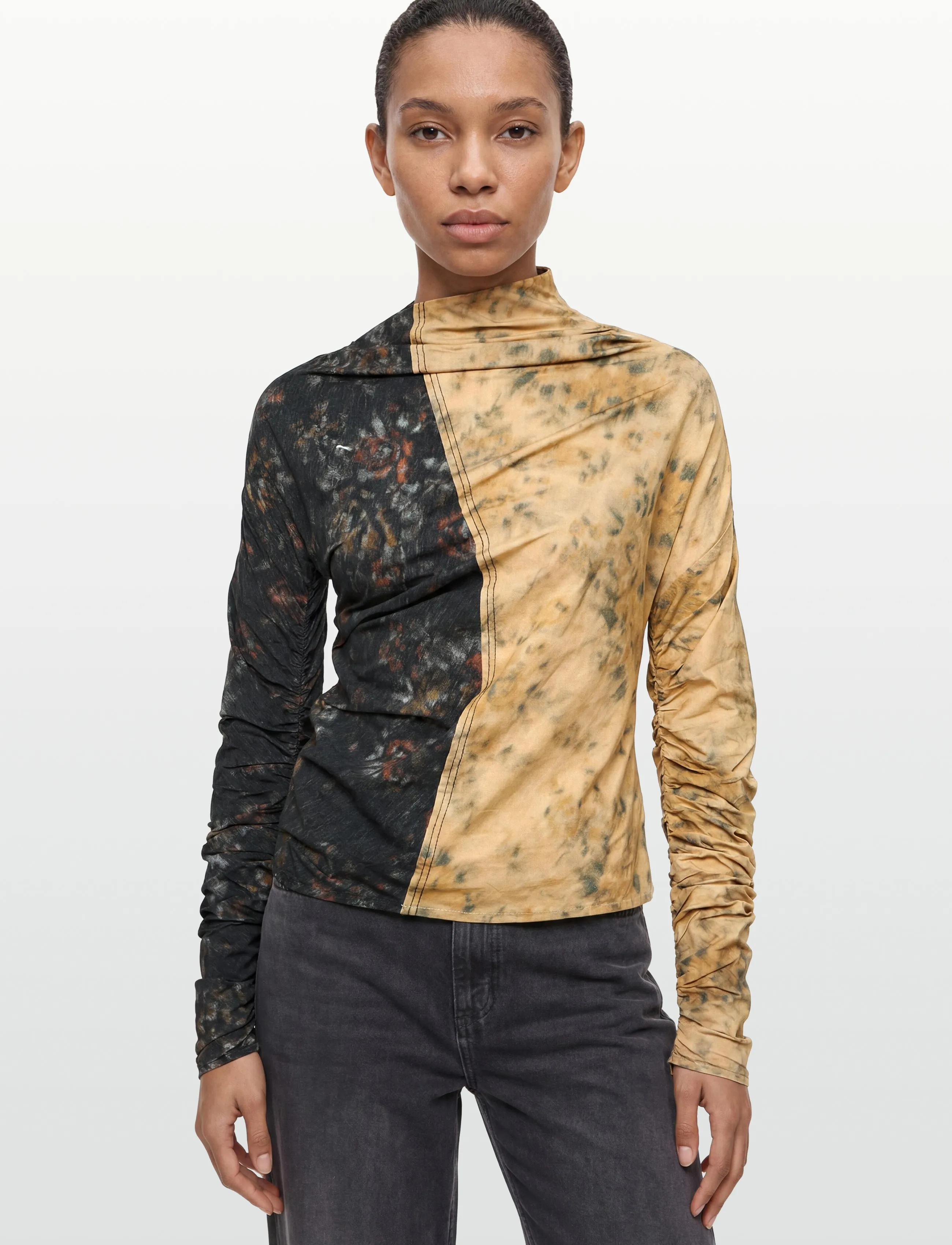 Ganni - Printed Stretch Cotton Ruched Top - långärmade toppar - multicolored - 3